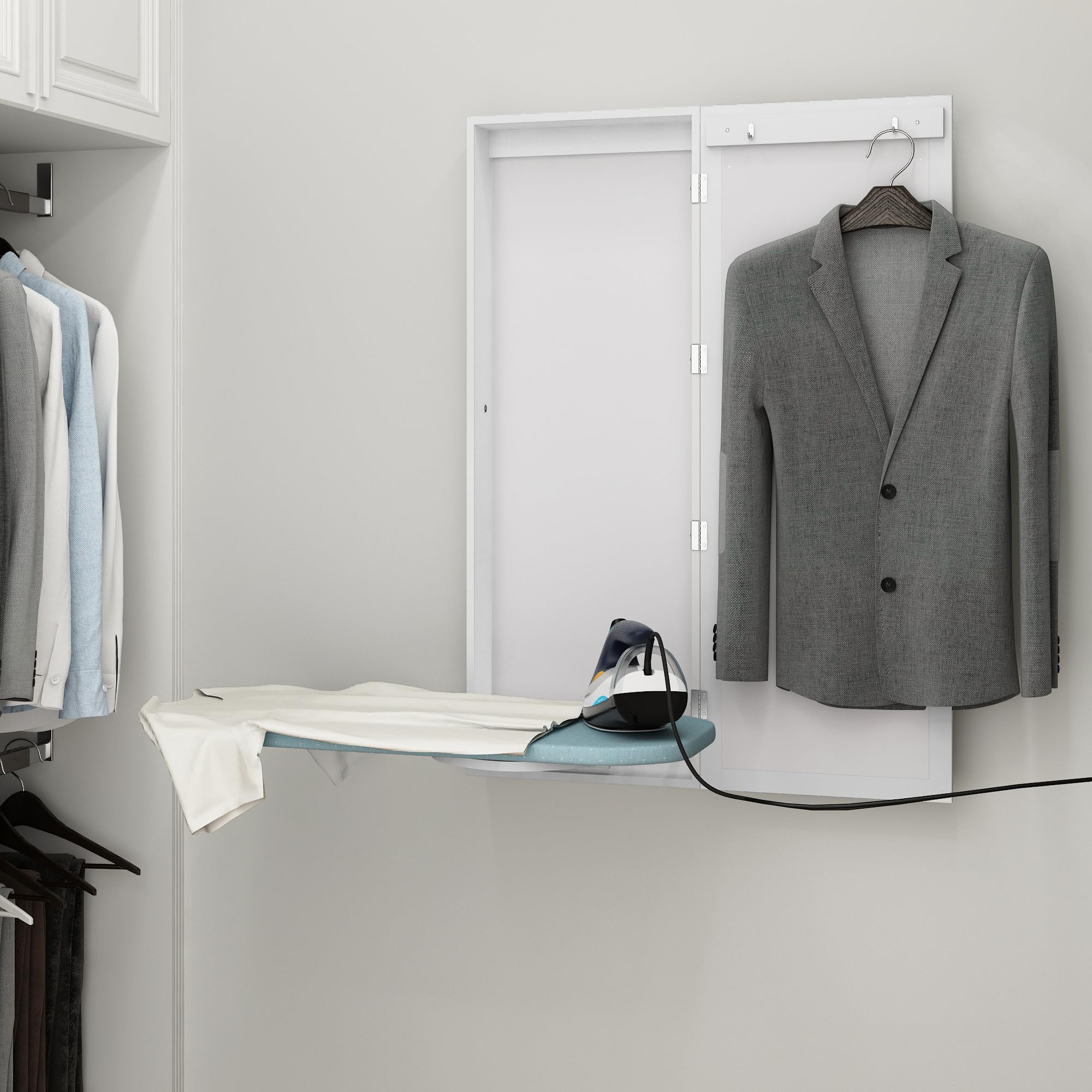 180° Swivel Ironing Board Cabinet with Magnetic Door - Foldable Wall Mount Ironing Board with Storage & Mirror - Space Saving White Laundry Organizer for Small Homes & Apartments