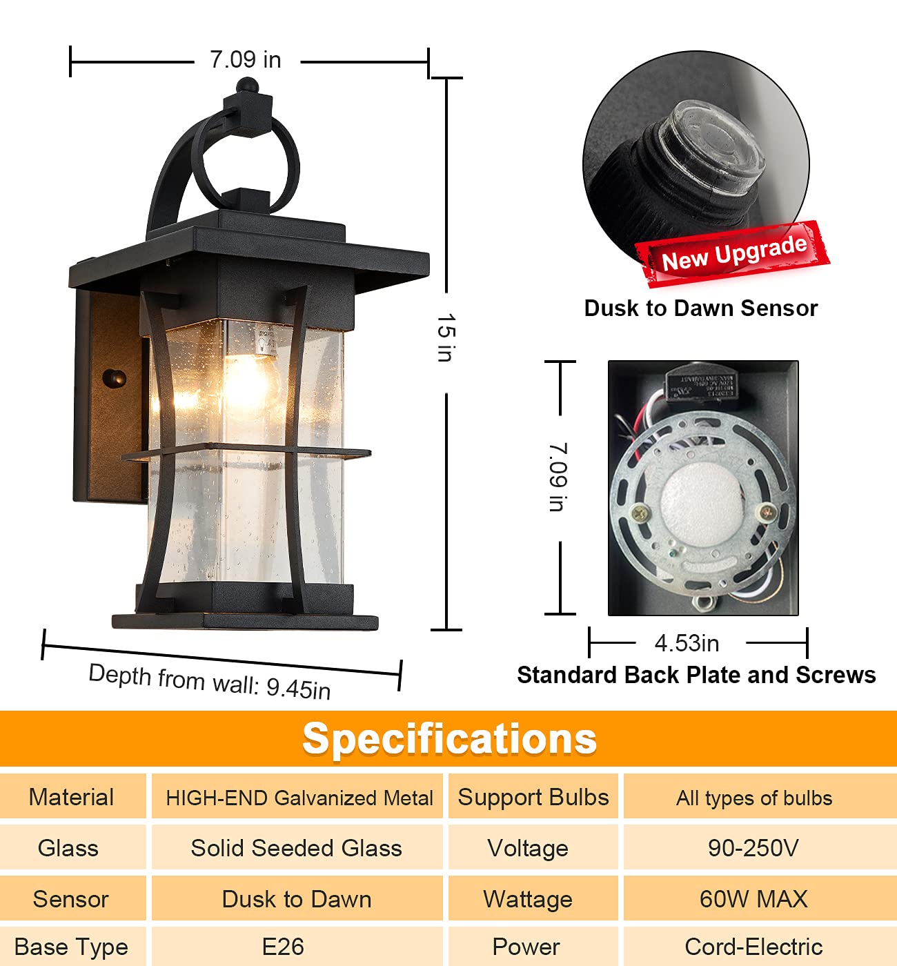 Dusk to Dawn Outdoor Wall Lantern - Waterproof Exterior Light Fixture with Photocell Sensor - Black Seeded Glass Wall Mount Porch Light for House, Patio, Garage - Perfect for Entryways, Pathways & Outdoor Security Lighting