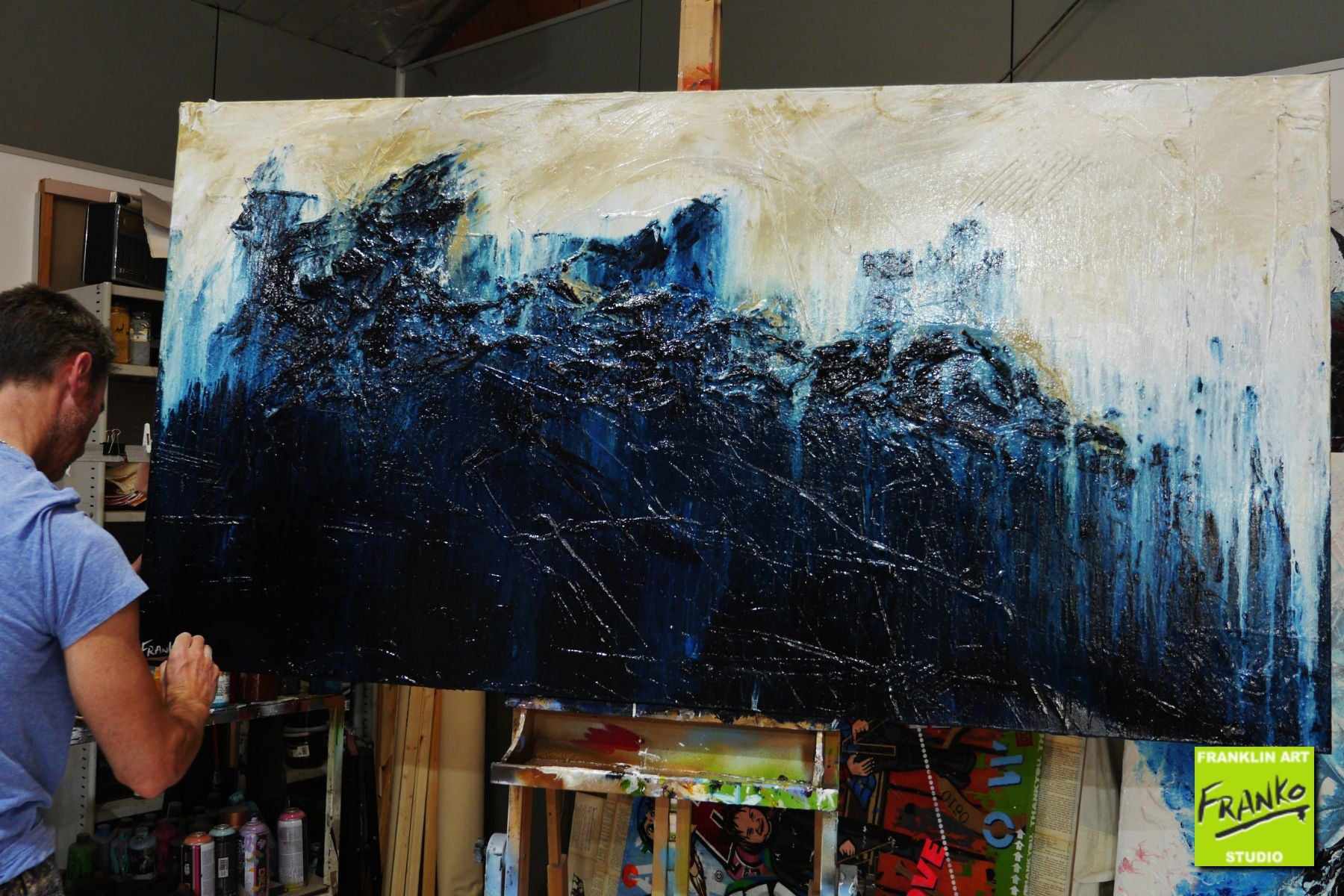 Navy After Glow 190x100cm Blue Cream Textured Abstract Canvas Art - Modern Wall Decor for Living Room, Bedroom & Office
