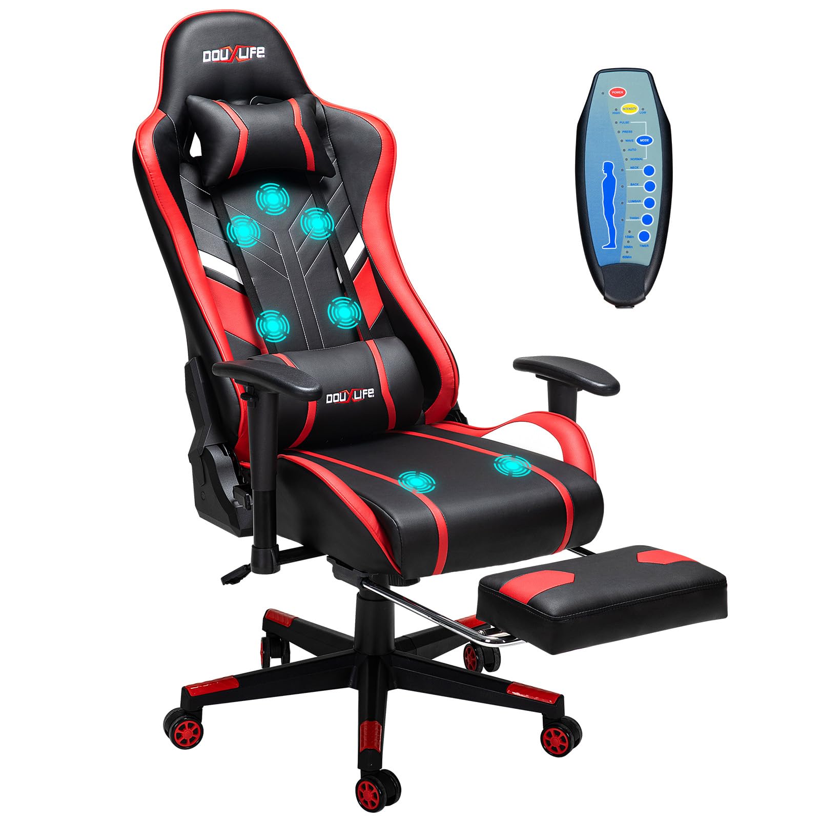 7-Point Massage Gaming Chair with Footrest - 175° Reclining Ergonomic Office Computer Chair, High Back Video Game Chair with Lumbar Support (Red) - Perfect for Home Office, Gaming Setup & Relaxation