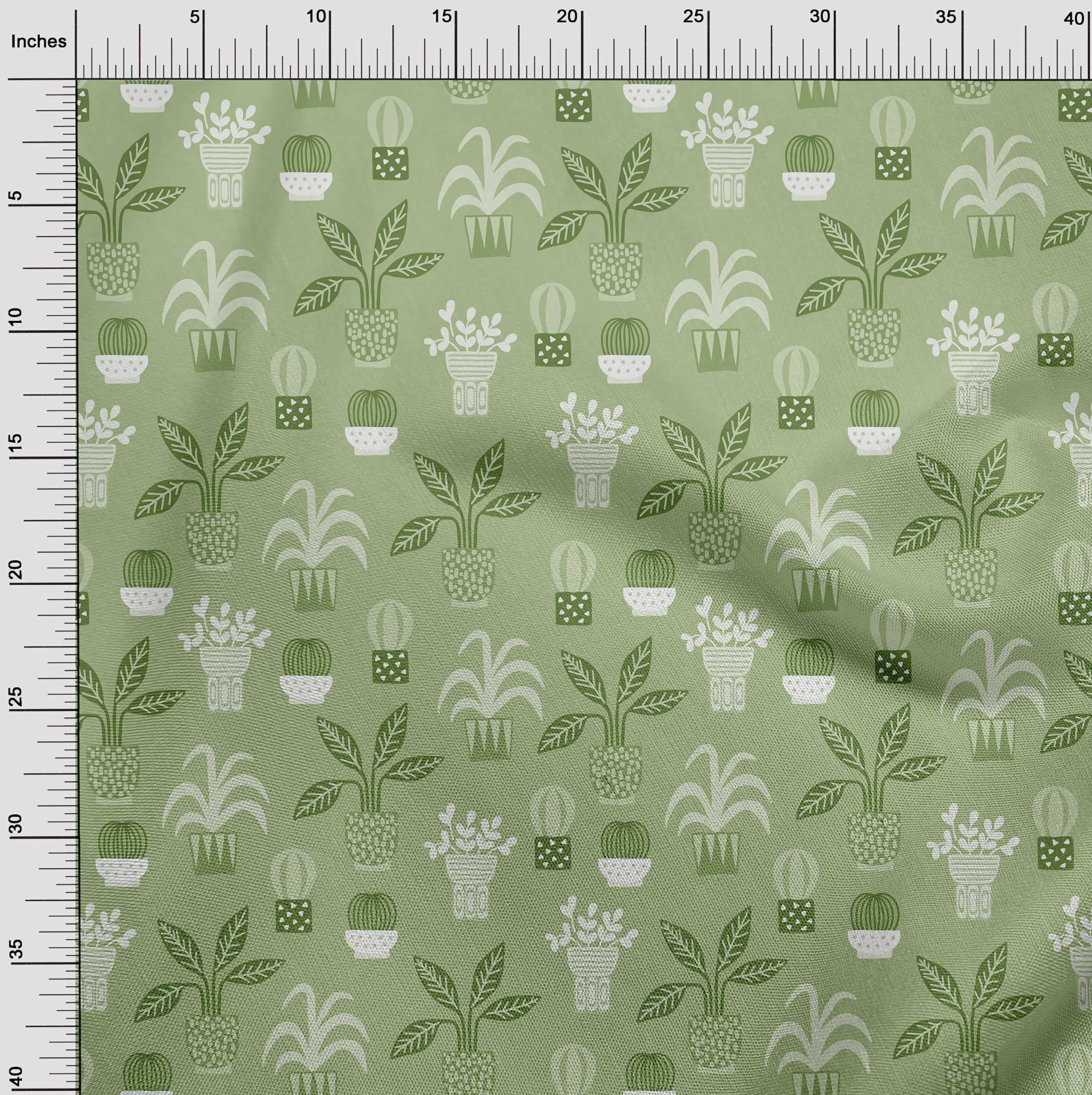 oneOone Cotton Poplin Green Fabric with Flower Pots Motif - 56 Inch Wide Printed DIY Sewing Material for Clothing, Quilting & Home Decor Projects | Perfect for Dresses, Curtains & Crafting