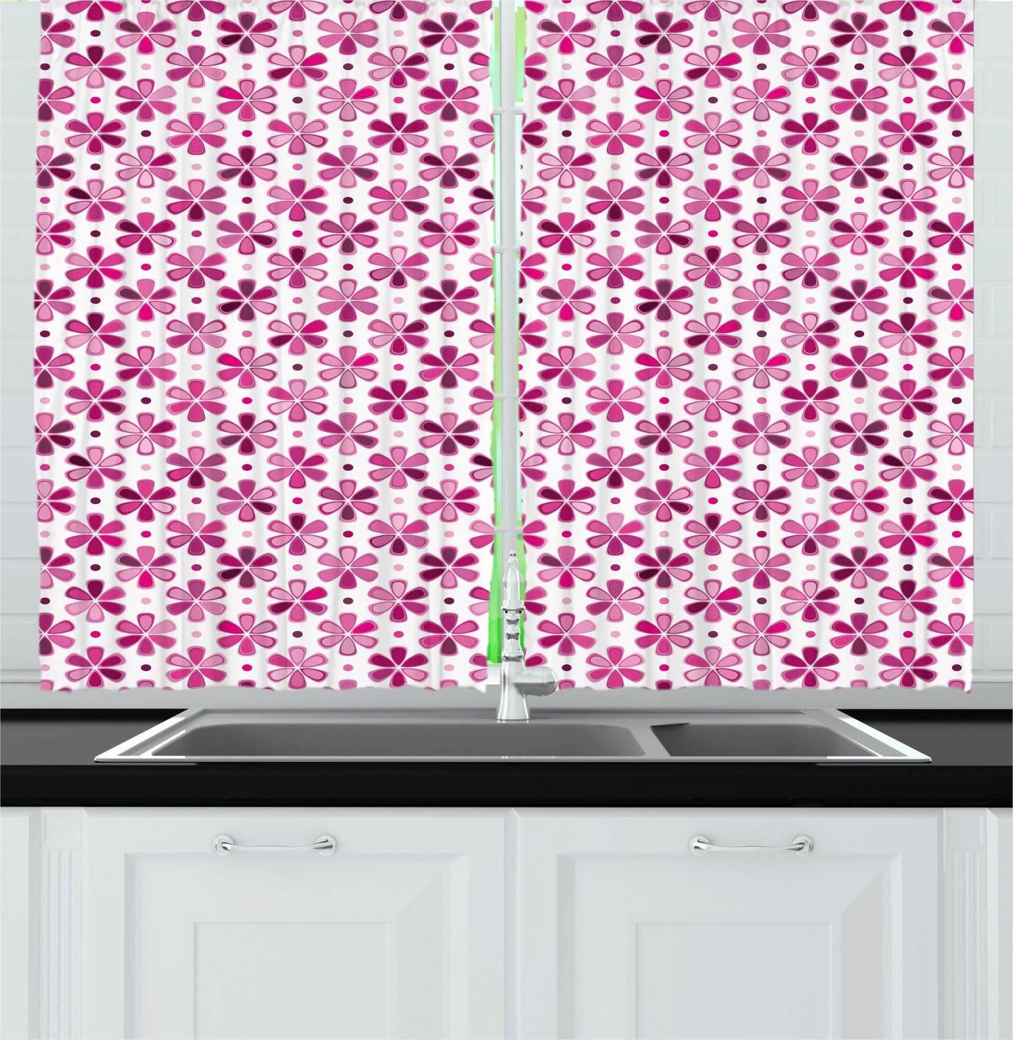Ambesonne Floral Long Kitchen Curtains - Meadow Blossom Pastel Flower Bouquets, Shabby Chic Spring Design, 2 Panel Rod Pocket Drapes for Windows, 55