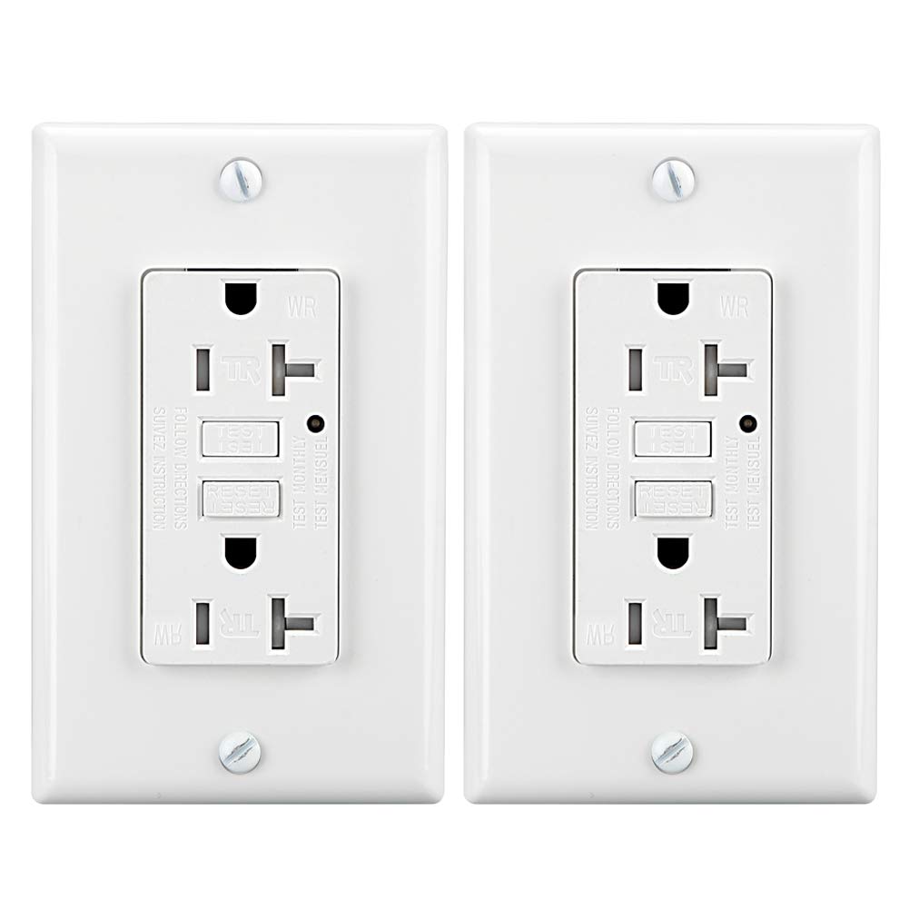 20Amp TR&WR GFCI Outlet with LED Indicator - 125V Tamper & Weather Resistant Receptacle - Includes 2 Wall Plates & Screws - ETL Listed (2 Pack, White) - Ideal for Outdoor Use, Bathrooms & Kitchens