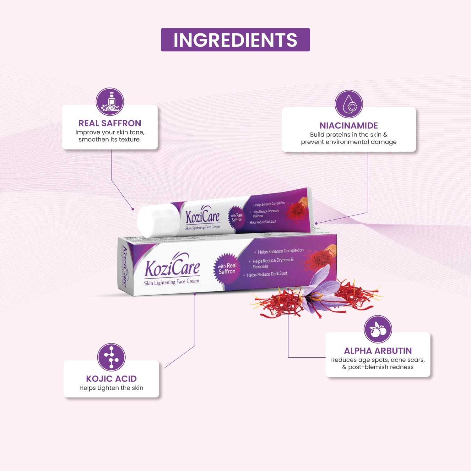 Kozicare Kojic Acid Whitening Cream with Saffron - Brightening Face Cream for Tan Removal & Glowing Skin - Non-Greasy, Lightweight Formula for Men & Women - Pack of 2 (15g Each) - Perfect for Daily Skincare Routine & Dark Spot Correction