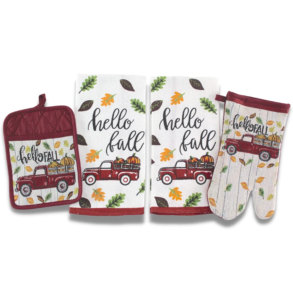 Serafina Home Hello Fall Farm Truck Kitchen Towels & Pot Holder Set - Autumn Harvest Pumpkins & Colorful Leaves Design with Embellished Jacquard Weave - Perfect for Thanksgiving Decor, Farmhouse Kitchen & Seasonal Home Decorating