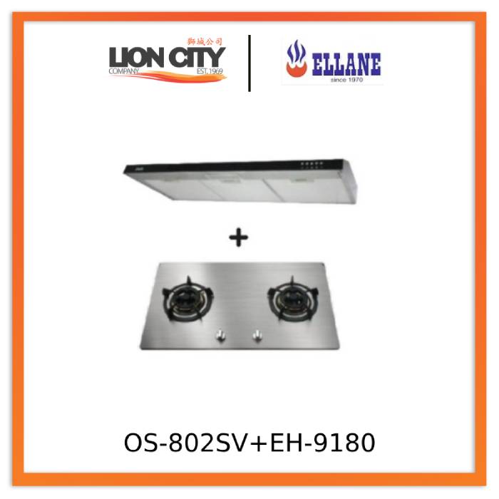 Ellane 60cm/90cm Slimline Range Hood with Black Panel EH 9180 & Ellane OS 802SV 86cm 2-Burner Gas Cooktop - Modern Kitchen Ventilation System for Home Cooking