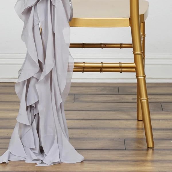 50 Silver Premium Curly Chiffon Chair Covers with Sashes - Elegant Wedding, Party & Reception Decorations - Affordable Event Supplies for Banquets, Ceremonies and Special Occasions