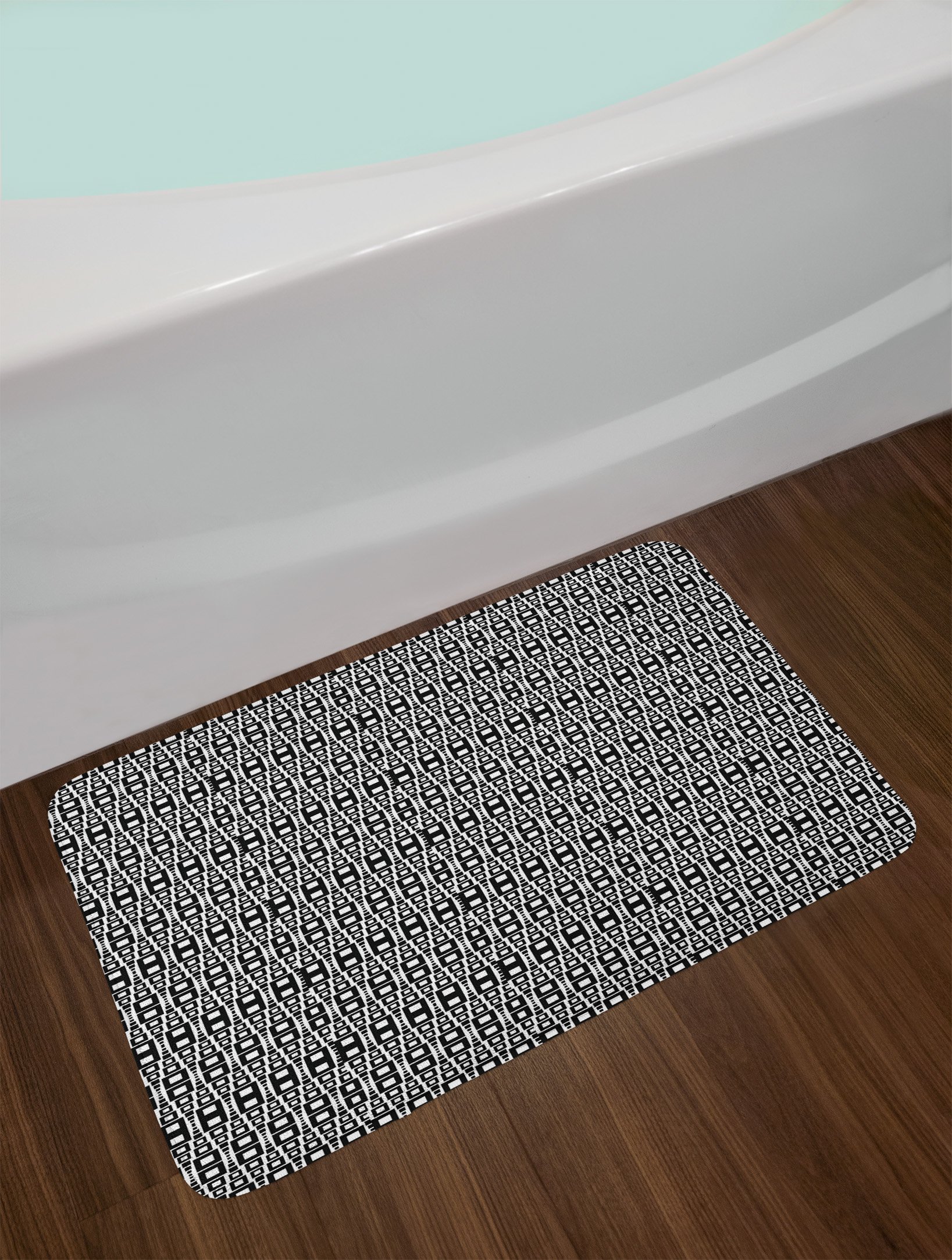 Ambesonne Abstract Non-Slip Bath Mat - Black and White Geometric Grid Design with Monochrome Squares, Soft Plush Bathroom Rug 30