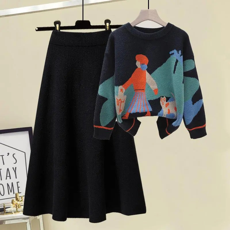 Women's Autumn Winter Knitted Sweater & High Waist A-Line Skirt 2-Piece Set - Cozy Long Sleeve Pullover & Flattering Skirt Outfit for Casual Wear, Office, and Date Nights