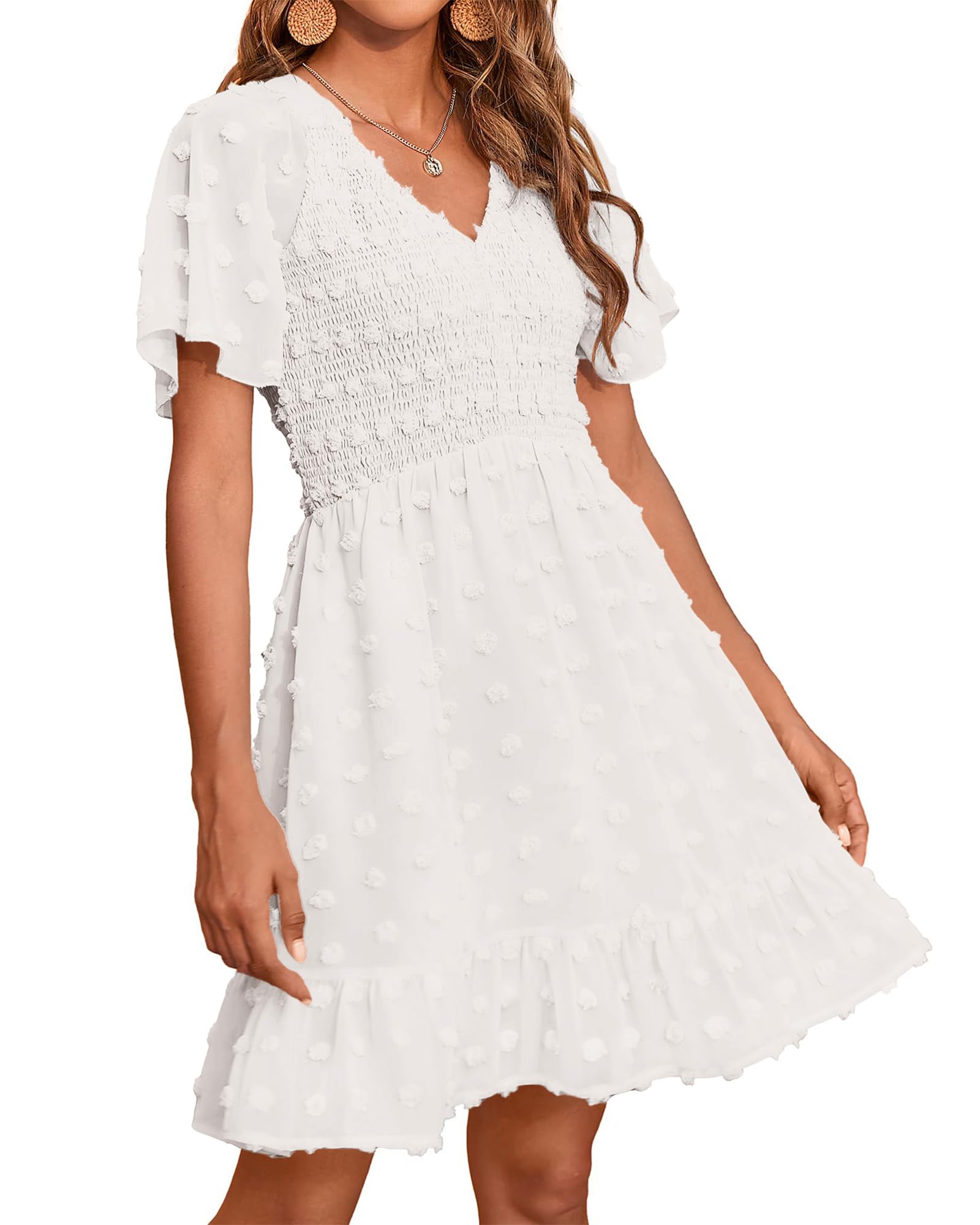 BTFBM Women's V-Neck Casual Summer Dress - Short Sleeve Smocked Swiss Dot Swing Ruffle Mini Dress for Beach Vacation 2025 | Perfect for Tropical Getaways, Pool Parties & Summer Outings