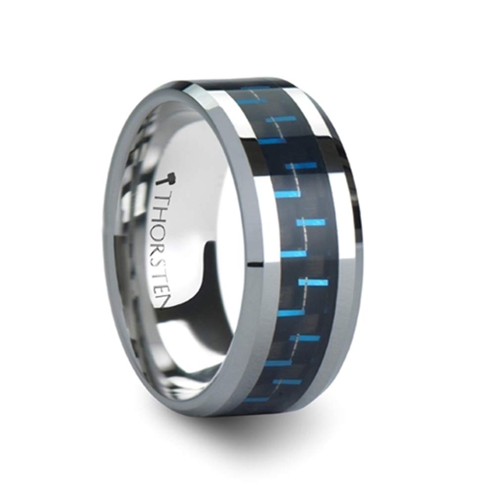 Men's Tungsten Carbide Ring with Black & Blue Carbon Fiber Inlay - 6mm/8mm/10mm Width Options - AUXILIUS Style - Durable Wedding Band & Fashion Statement for Everyday Wear