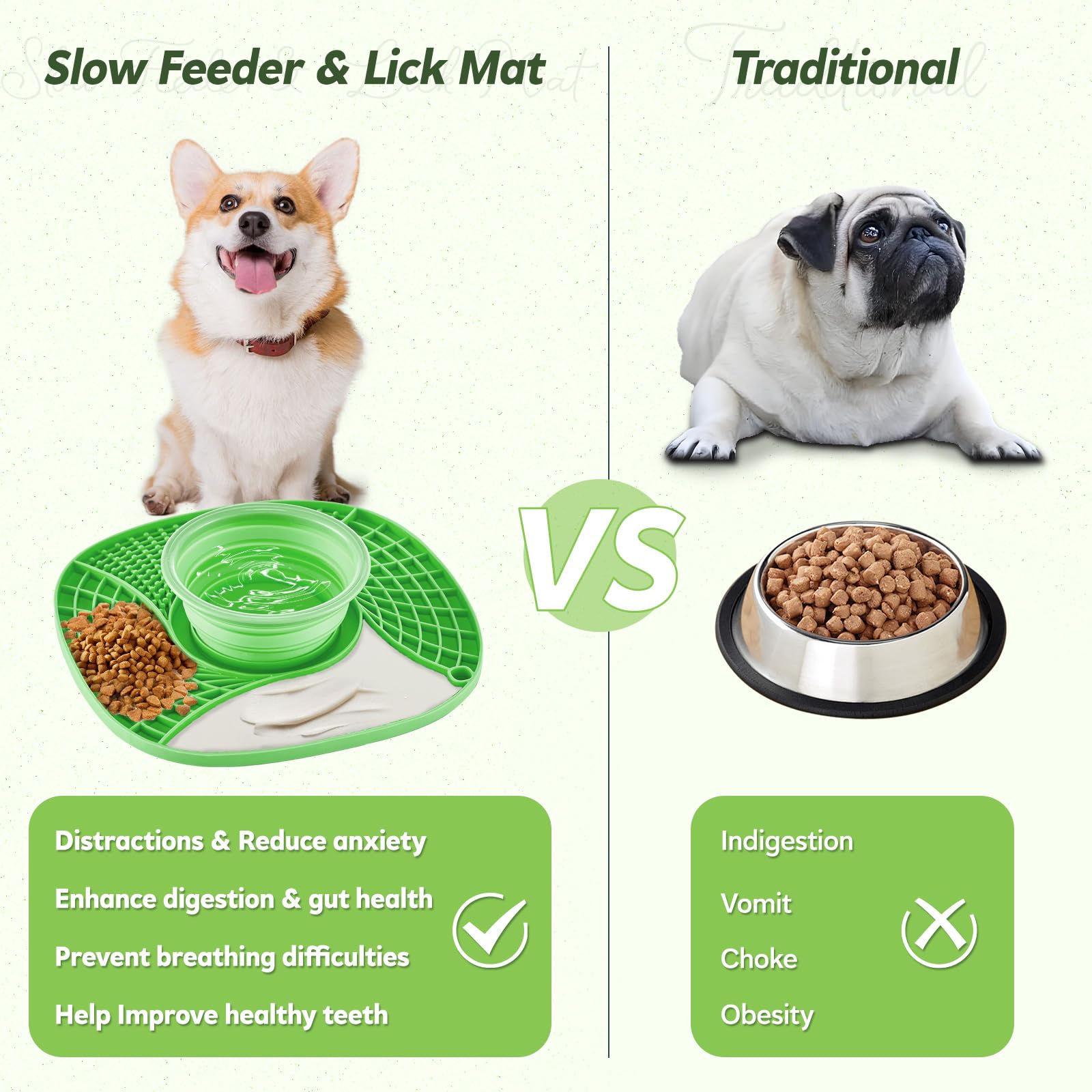 3-in-1 Slow Feeder Licking Mat for Dogs & Cats - Anxiety Relief Lick Pad with Suction Cups, Foldable Water Bowl for Healthy Eating | Perfect for Bathing, Grooming, Training & Mealtime Enrichment (Green)