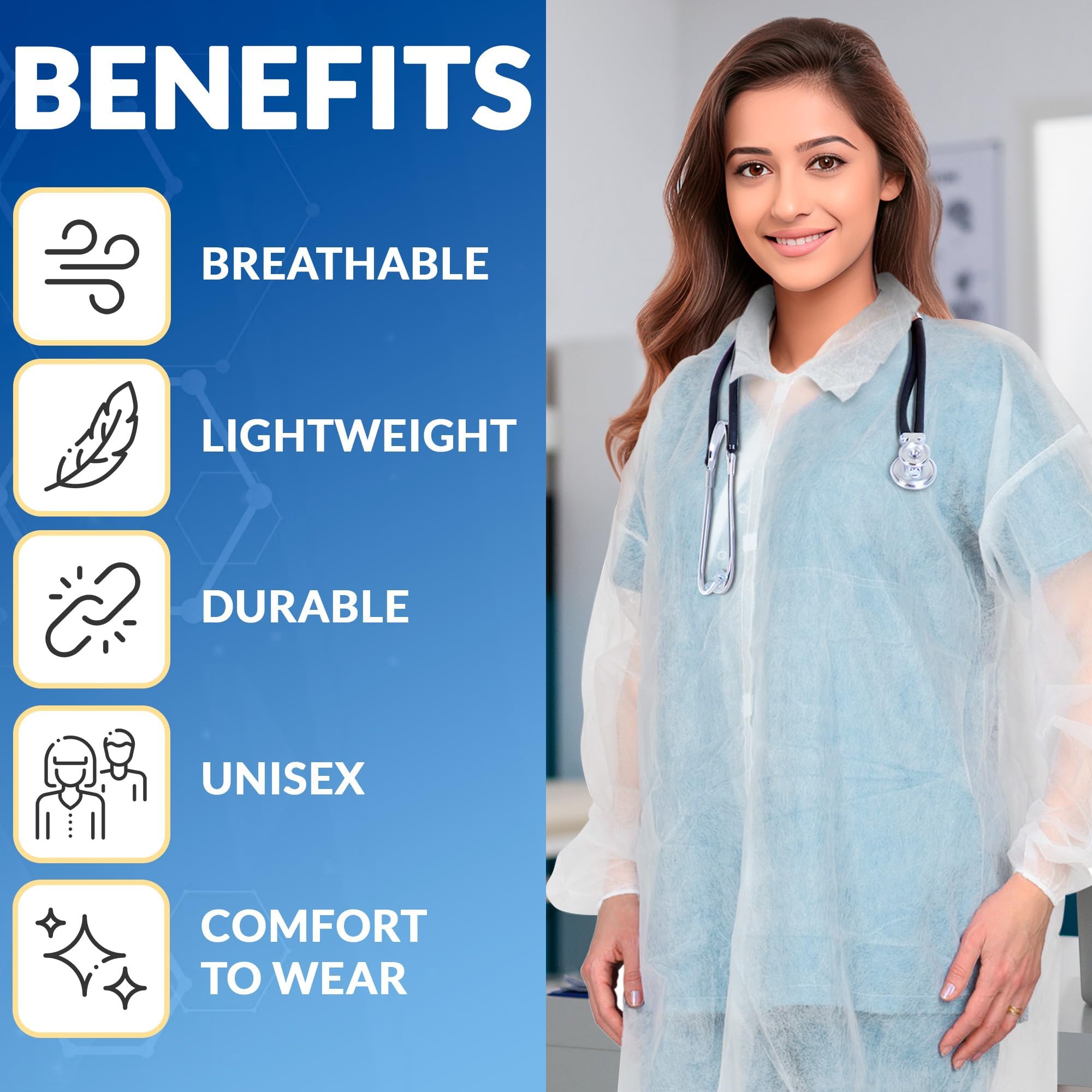 White Disposable Lab Coats for Adults - 3X-Large (Pack of 50) | Medical PPE Protective Clothing | Polypropylene 40 GSM with Elastic Cuffs & Hook Loop Fastener | Ideal for Hospitals, Labs & Healthcare Workers