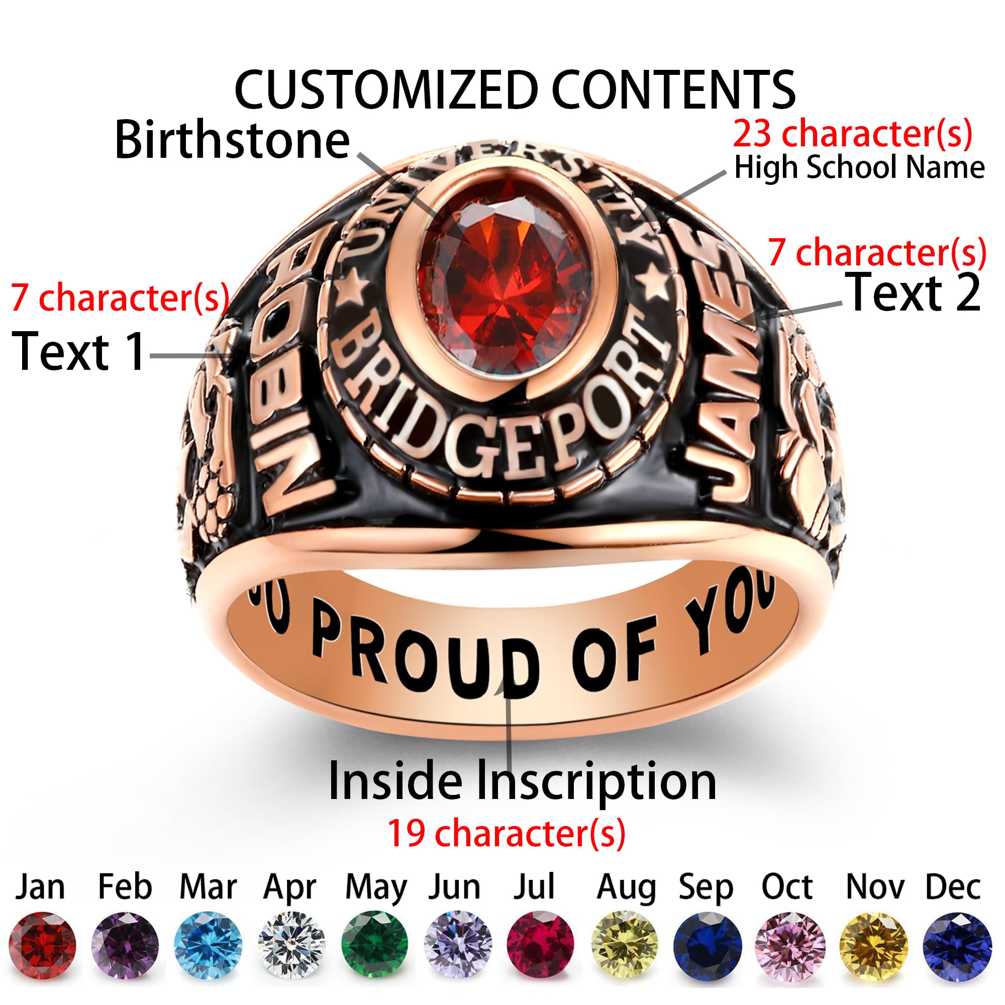 Personalized Sterling Silver Class Rings for Women & Men - Custom High School Graduation Rings with Birthstone, Gold Plated Options, Size 5-15 - Perfect for Commencement Ceremonies, Alumni Events & Gift Giving