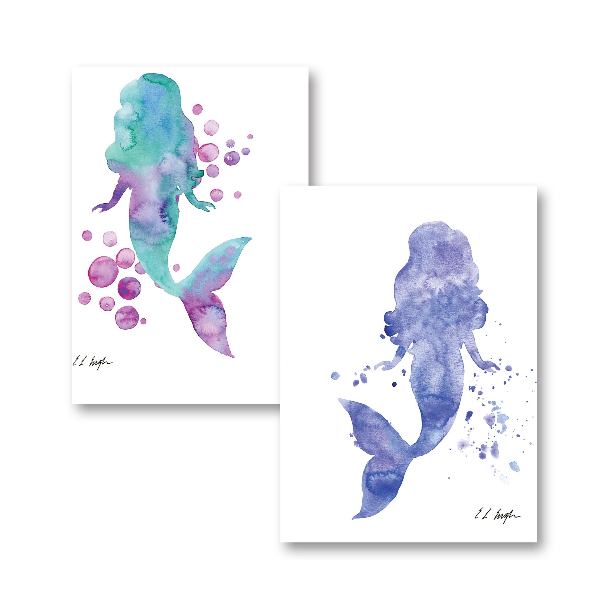 Gango Home Decor Vertical Purple Mermaid & Blue Purple Mermaid Bubbles Wall Art - Set of 2 Unframed 11x14 Inch Posters by Elise Engh - Perfect for Bedroom, Living Room, Office & Bathroom Decor