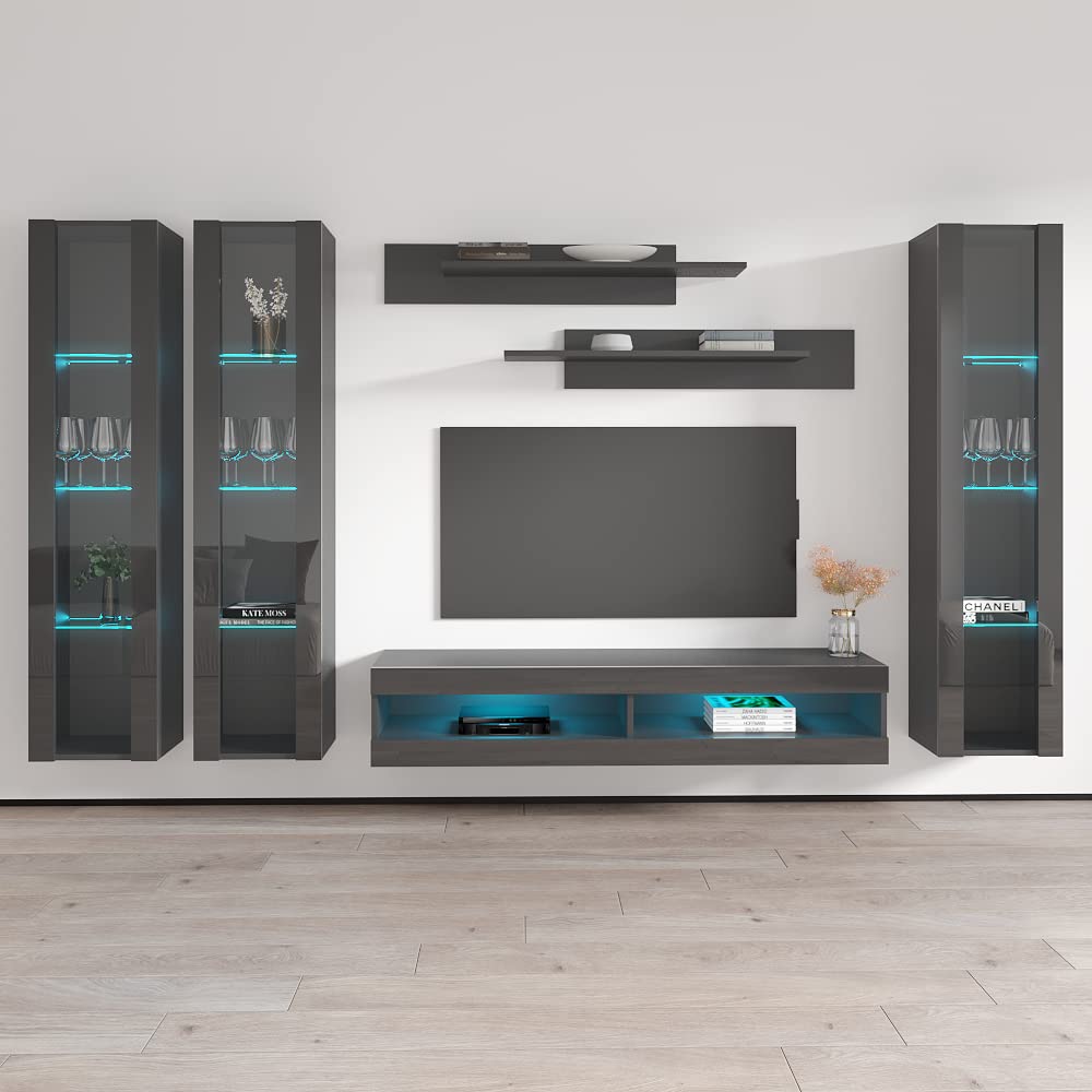 Modern Wall-Mounted TV Stand with Storage Shelves & LED Lights - 34