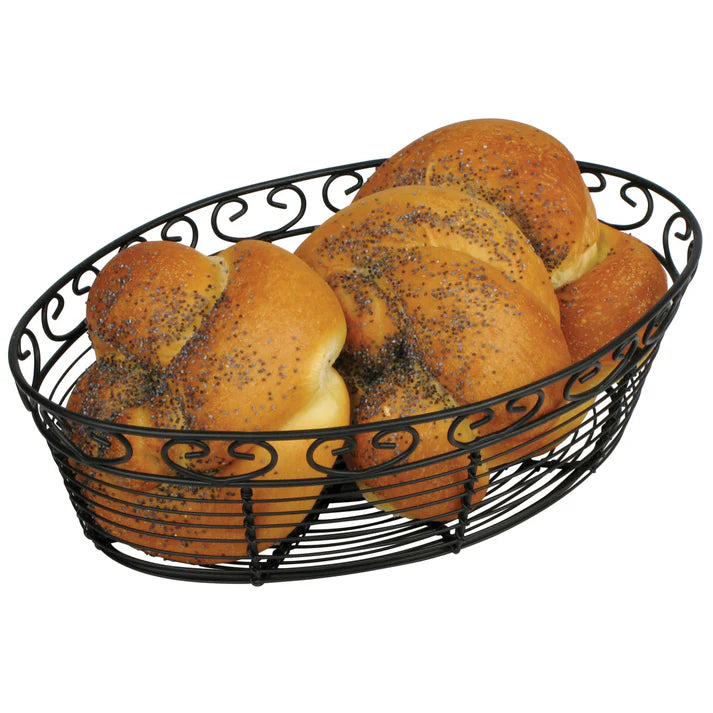 Winco 10 x 6.5 Inch Oval Wire Bread Basket - Black WBKG 10O - Perfect for Serving Bread, Fruits, Pastries at Restaurants, Bakeries & Home Kitchens