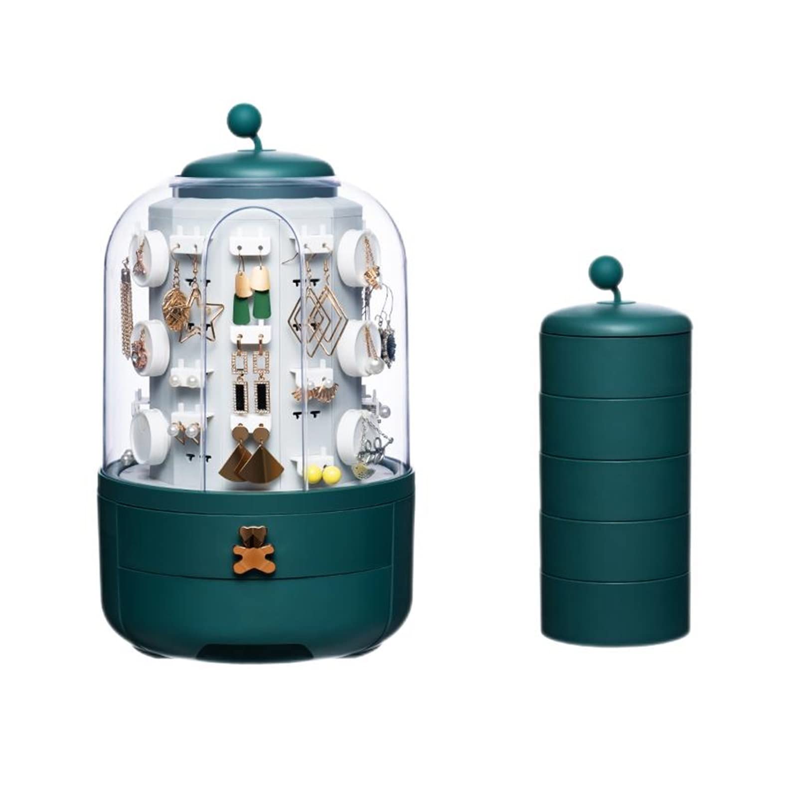 OFUNGO 360° Rotating Jewelry Organizer Box - Multi-Function Desktop Storage for Earrings, Necklaces & Accessories | Dustproof Display Case with Spinning Base (Green) - Perfect for Bedroom Vanity, Closet Organization & Jewelry Store Display