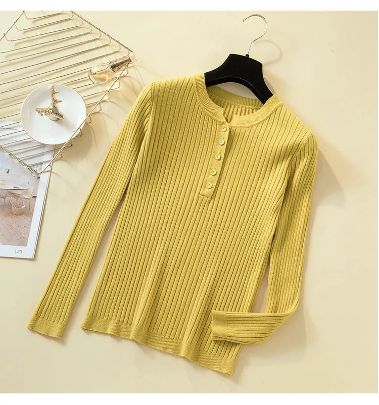 Button Basic Slim Knitted Pullover Sweater for Women - Soft Comfortable Lightweight Casual Tops for Fall & Winter - Perfect for Office, Dating and Weekend Outfits