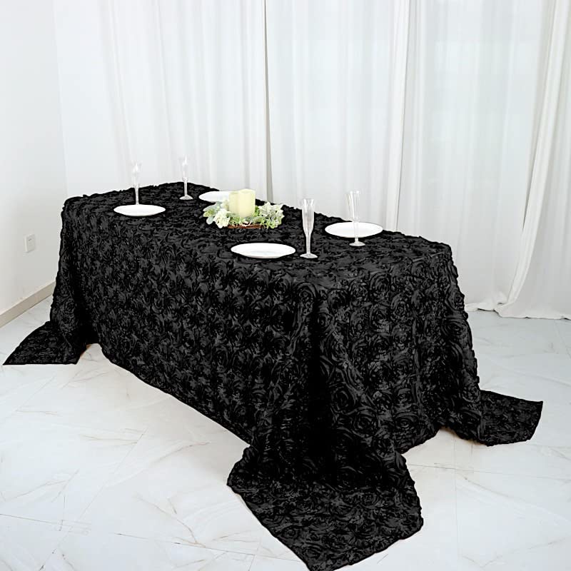 BalsaCircle 90x132 Inch Black Satin Raised Rosette Rectangle Tablecloth - Elegant Wedding Reception, Party & Dining Room Table Linen for Formal Events & Home Decor