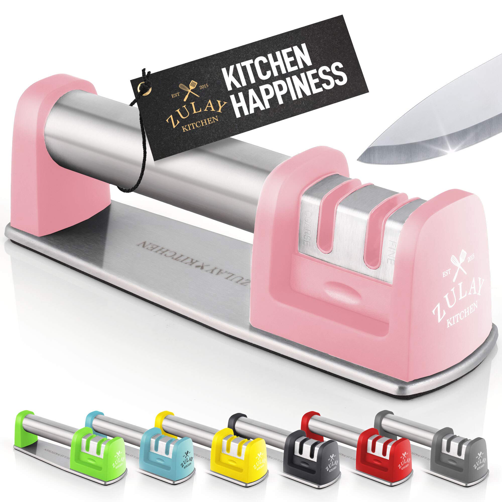 Premium Knife Sharpener for Straight & Serrated Knives - Stainless Steel, Ceramic & Tungsten Manual Sharpener - Perfect for Chef, Paring & Pocket Knives - Easy to Use for Dull Blades (Pink) - Ideal for Kitchen, Camping & Outdoor Cooking