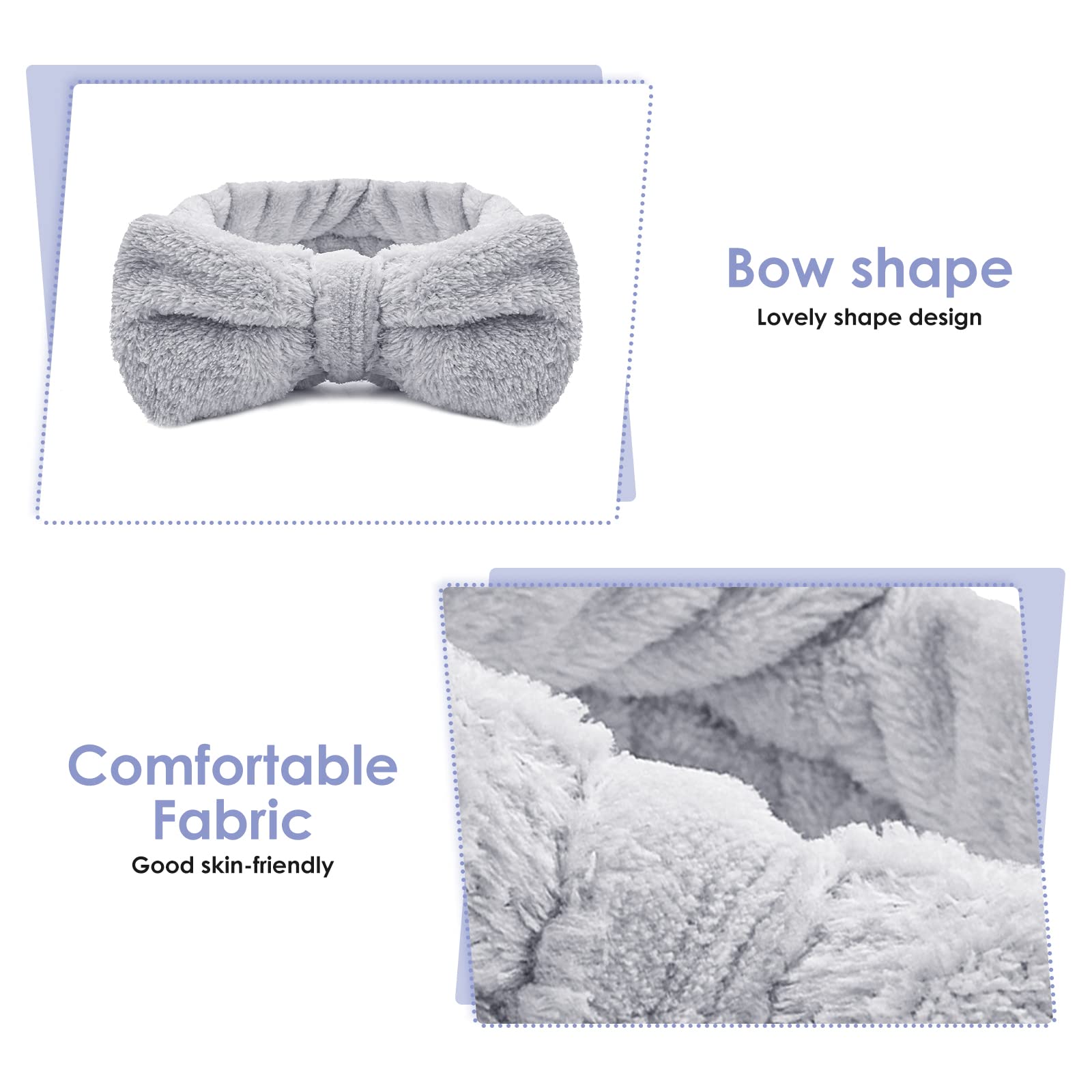 Molain Spa Headband for Women - Soft Coral Fleece Elastic Hair Band with Bowknot Design, Perfect for Washing Face, Shower, Skincare & Sports | Grey Beauty Accessory