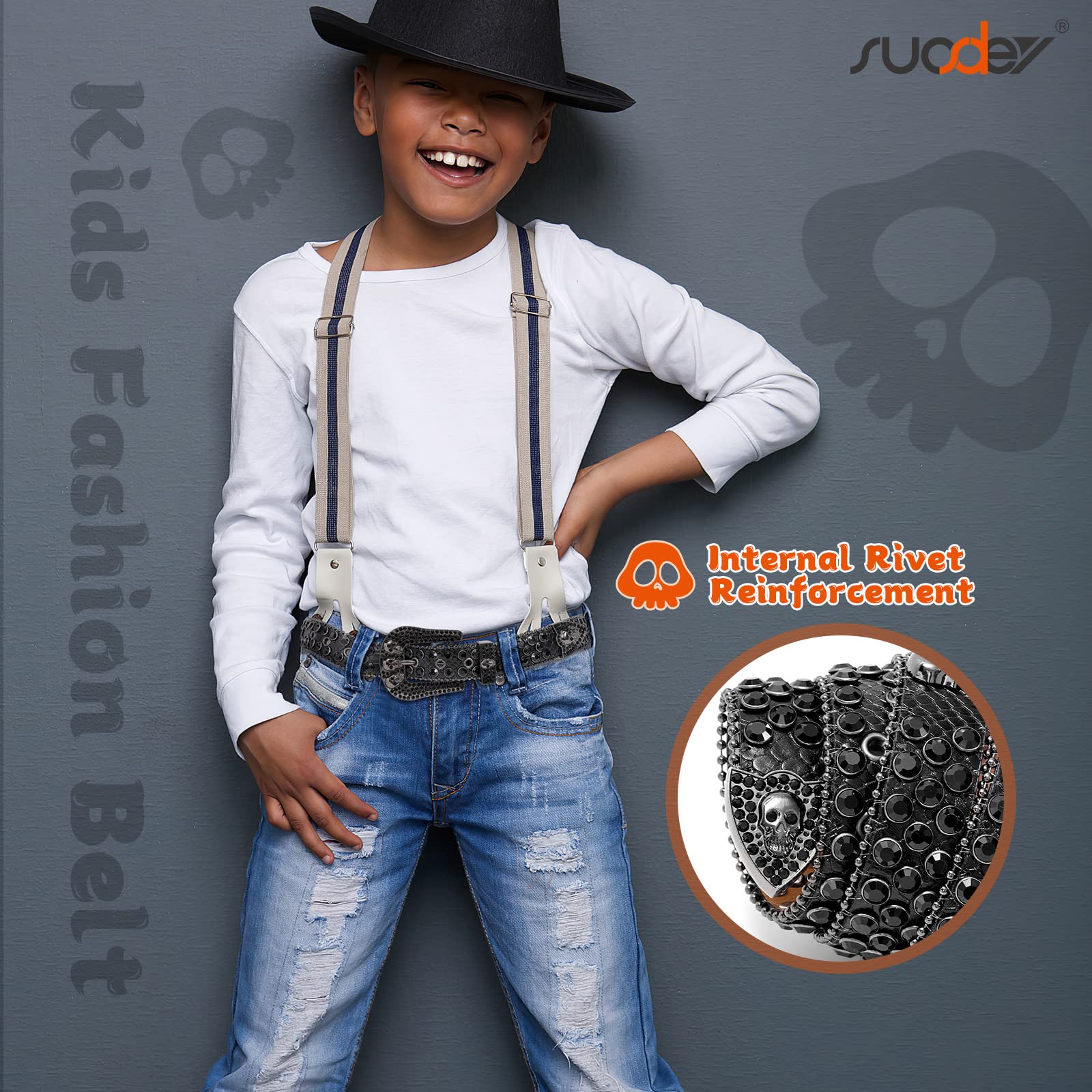 SUOSDEY Rhinestone Skull Leather Belt for Kids - Western Bling Cowboy Cowgirl Belt for Boys & Girls - Stylish Belt for Jeans & Pants - Perfect for Western Parties, Rodeos & Everyday Fashion