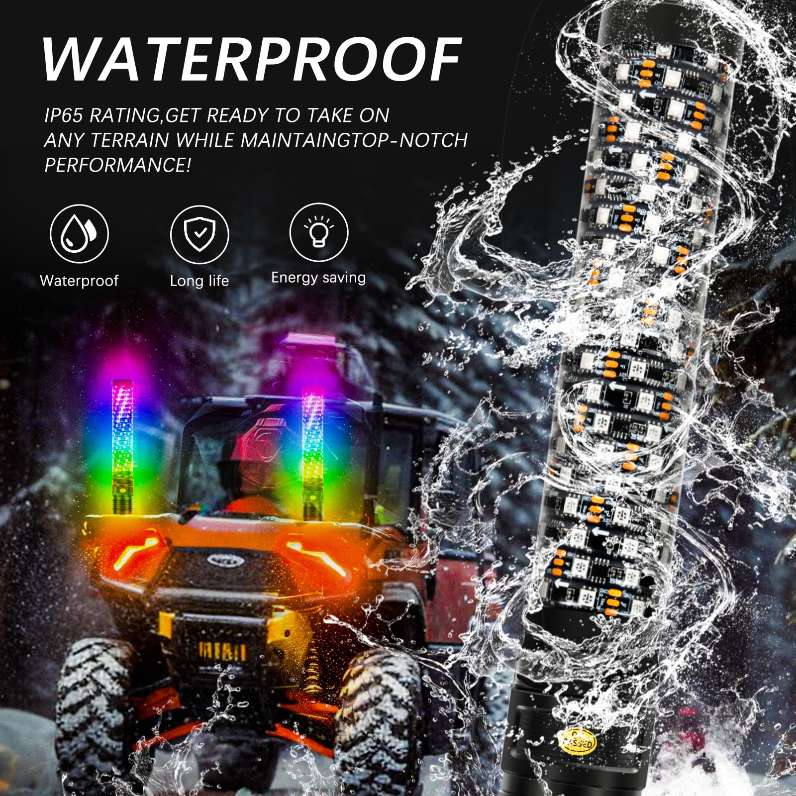 2Pcs 2FT Fat Spiral RGB LED Whip Lights for UTV ATV Truck with Wireless Remote & APP Control - RGB Chasing Lighted Antenna Whips for Polaris RZR, Can-Am, Dune Buggy - Perfect for Night Off-Roading, Camping & Outdoor Adventures