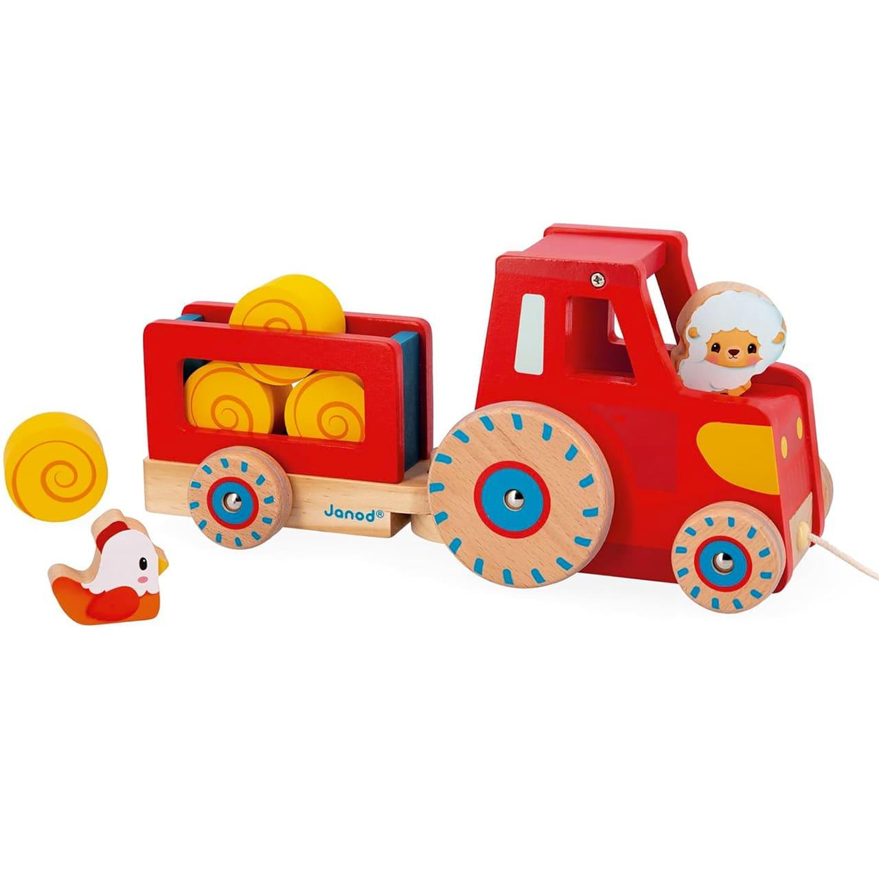 Janod Wooden Pull Along Tractor Toy - Farm Animal Playset for Toddlers & Kids | Perfect for Pretend Play, Early Learning & Motor Skill Development