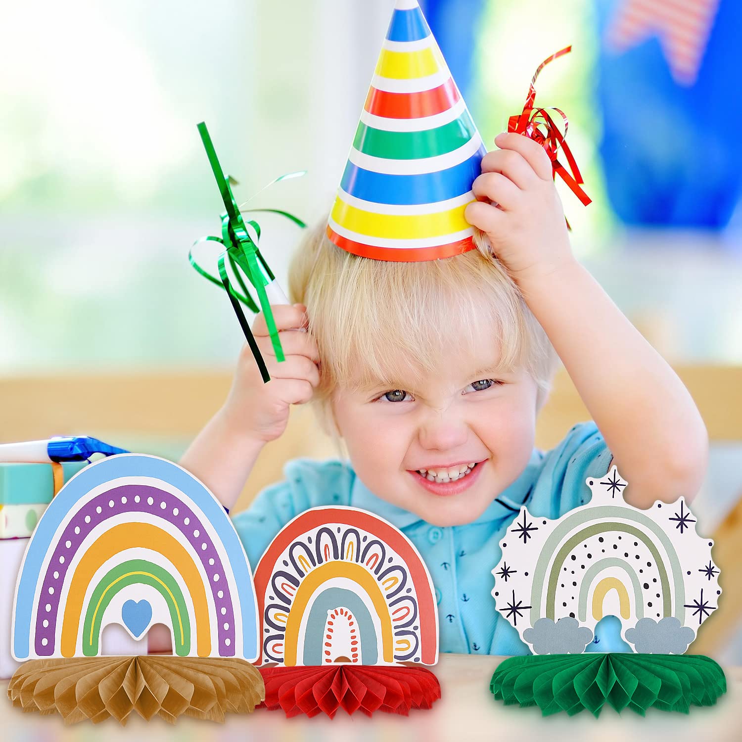 9Pcs Rainbow Honeycomb Party Decorations - Boho Baby Shower Centerpieces, Birthday Party Decor for Kids, Rainbow Cloud Table Decor - Perfect for Baby Showers, Birthday Parties & Rainbow Themed Events