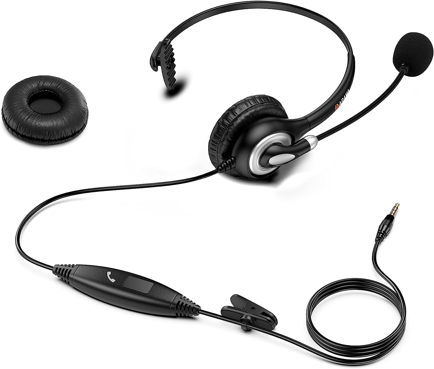 Arama 3.5mm Mono Headset with Noise Cancelling Microphone & Call Controls - Compatible with iPhone, Samsung, Laptop for Teams, Skype, Call Center, Office - Ultra Comfortable for Long Business Calls & Online Meetings