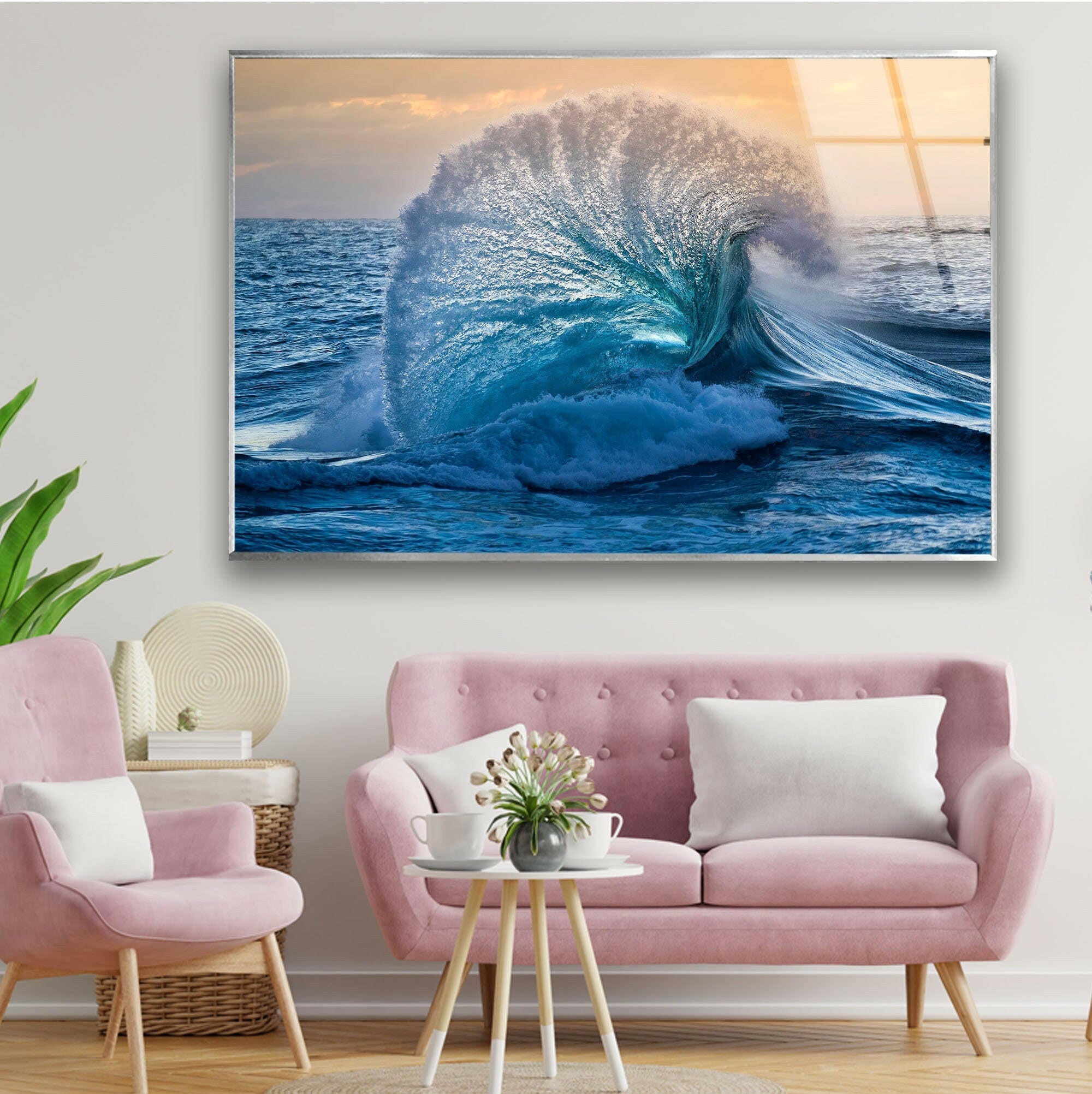 Big Ocean Wave Glass Wall Art - Handmade Coastal Decor for Living Room, Bedroom & Office - Perfect Beach Theme Home Decoration