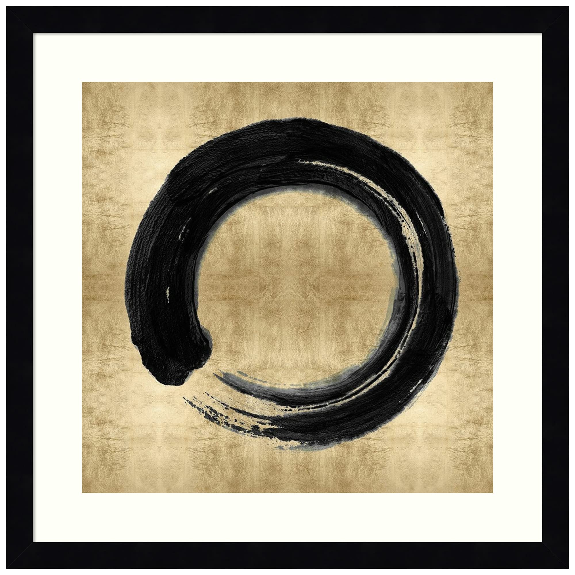 Ellie Roberts Wood Framed Wall Art Print - Black Zen Circle on Gold I - 17x17 Inch Modern Abstract Painting with Svelte Noir Black Frame - Perfect for Living Room, Bedroom, Office & Meditation Space Decor