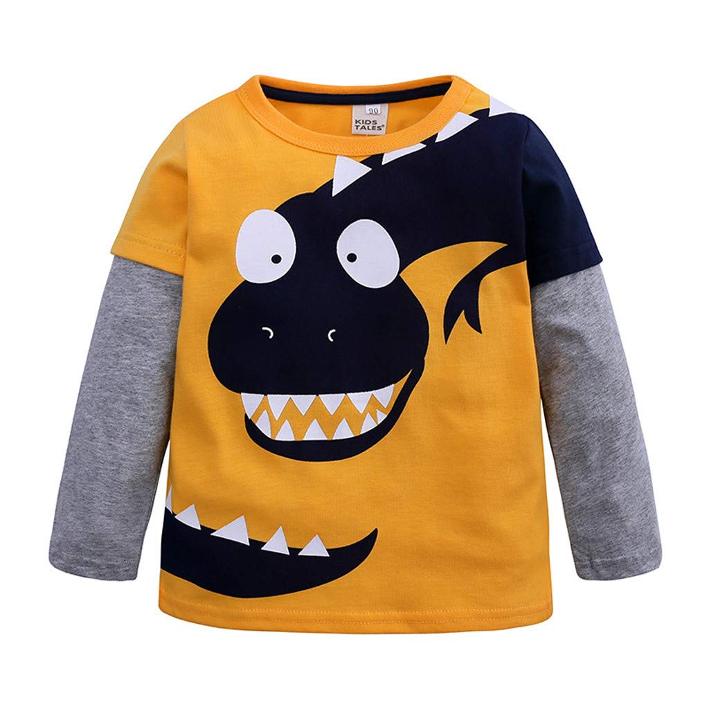 Dinosaur Print Patchwork Crewneck Tee for Boys - Cartoon Toddler & Kids Tops - Soft Cotton Shirt for Playdates, School & Casual Outfits