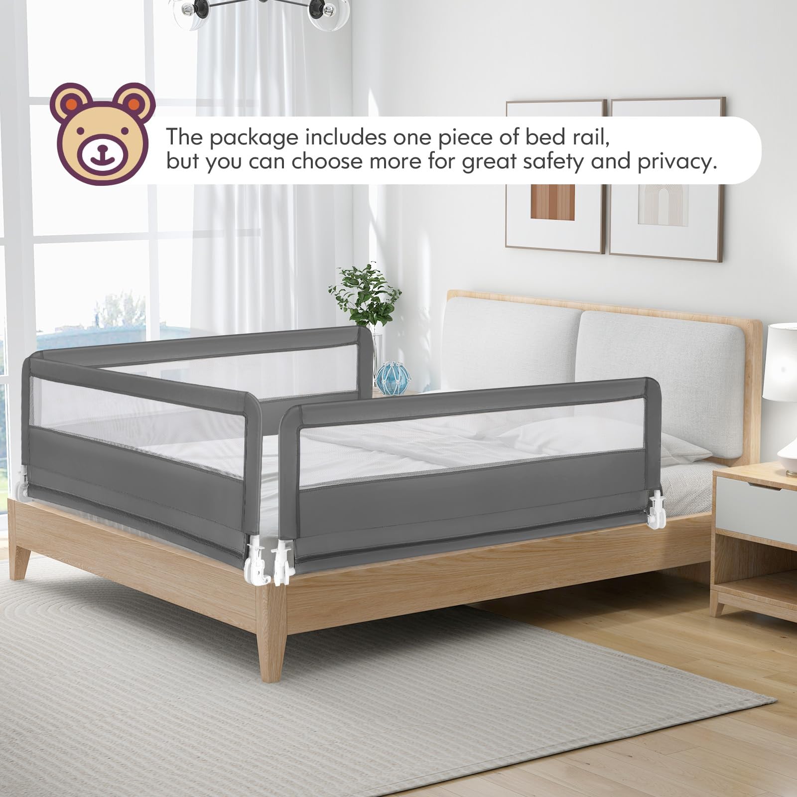 Costzon Extra Long Swing Down Bed Rail for Toddlers - 2 Pack Safety Bed Guards with Straps, Fits Convertible Crib, Twin, Full, Queen & King Size Beds - Foldable Baby Bed Rail (59 Inch, Gray) - Perfect for Toddler Safety & Transition from Crib to Big Kid Bed