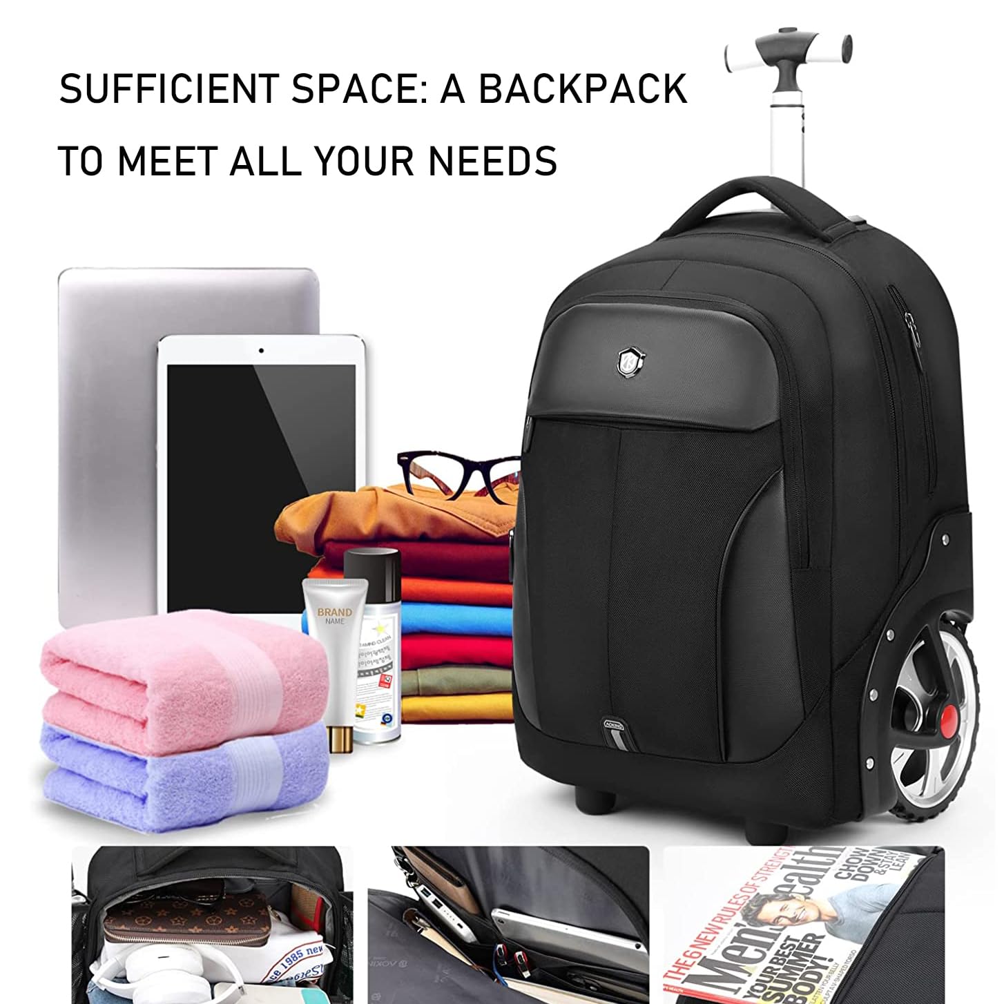 Waterproof Rolling Backpack with Wheels - 20 Inch Carry On Laptop Backpack for Business Travel & Commuting - Durable Black Backpack for Men & Women - Perfect for Airplane, Office & School Use