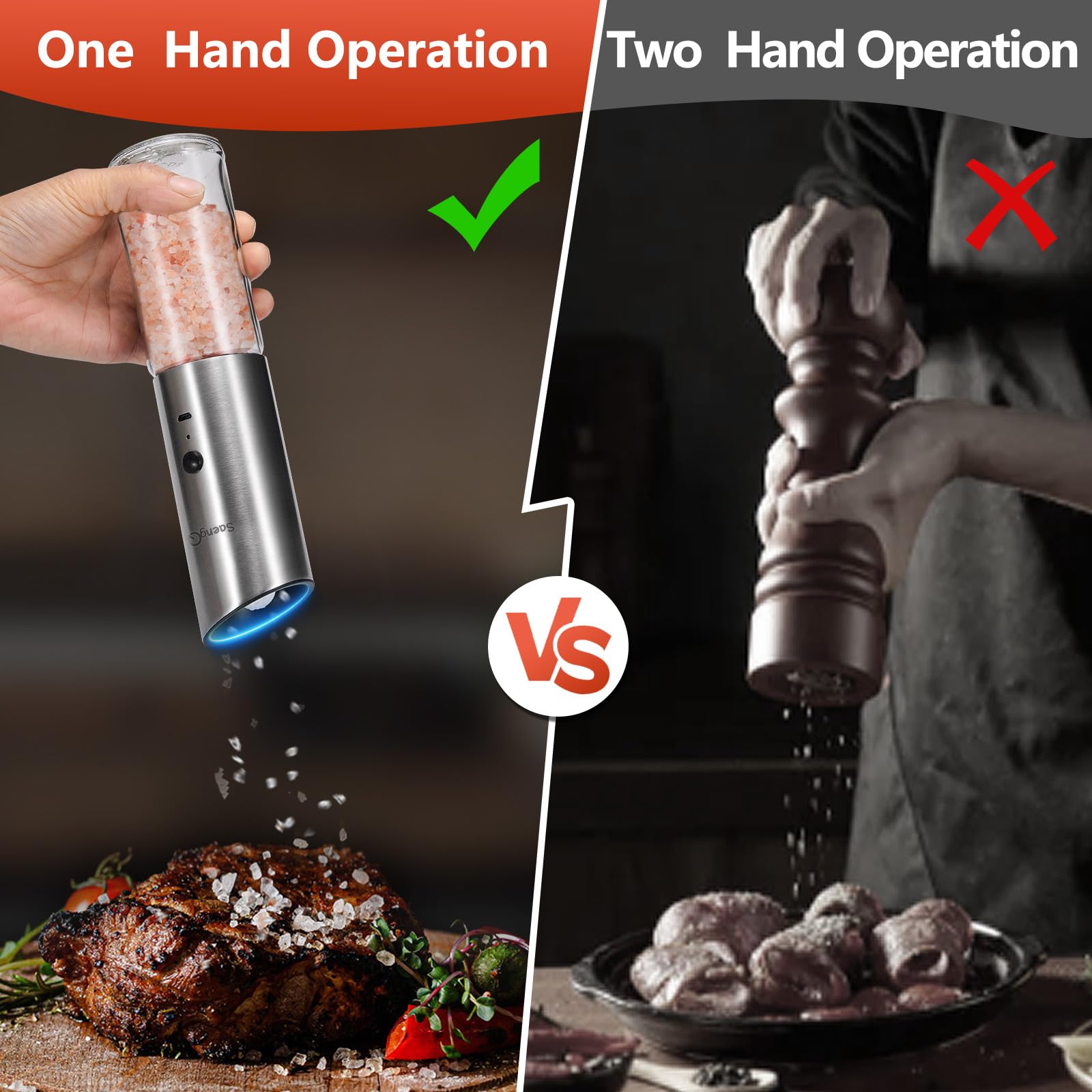 Premium USB Rechargeable Electric Salt and Pepper Grinder Set - Adjustable Coarseness with LED Light - Tall Glass Refillable Spice Mills for Kitchen, Dining & Cooking - Perfect for Home Chefs & Gourmet Cooking