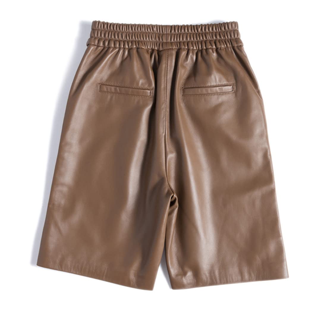 Wvapzxx Women's Real Leather Knee-Length Bermuda Shorts - Elastic Waist, Wide Leg Design with Pockets | Perfect for Casual Outings, Summer Vacations & Stylish Everyday Wear
