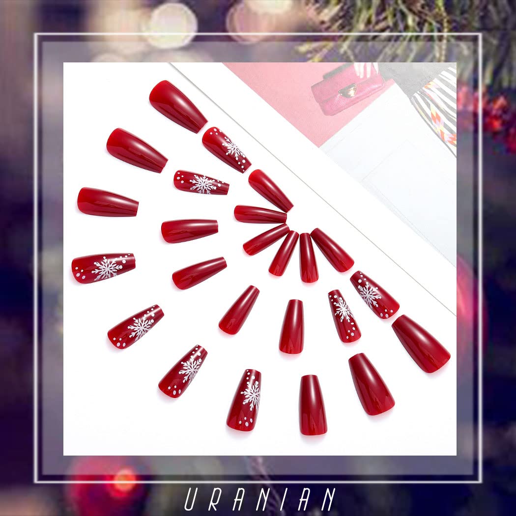 Uranian Christmas Press on Nails - 24pcs Long Red Coffin Fake Nails with Snowflake, Stripes & Glitter Designs | Glossy Santa Claus & Elk French Tip Acrylic Nails for Women & Girls | Perfect for Holiday Parties, Gift Giving & Festive Nail Art