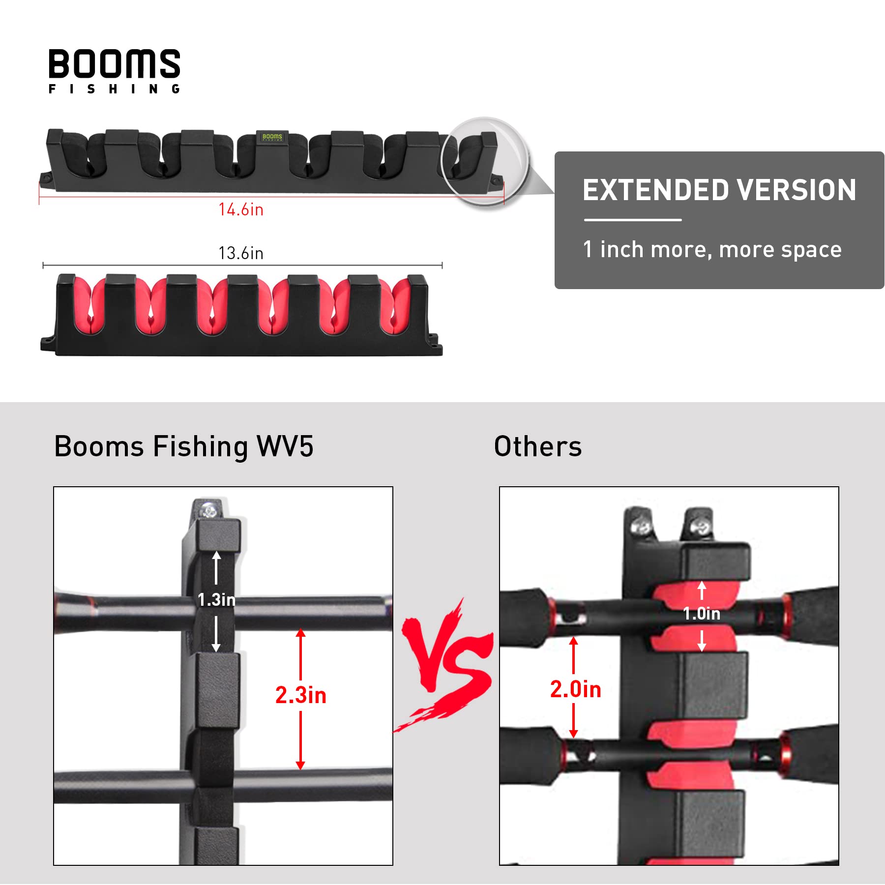 Booms Fishing WV5 Horizontal Fishing Rod Holder - Wall Mounted Garage & Kayak Storage Rack for 6 Rod and Reel Combos (14.6