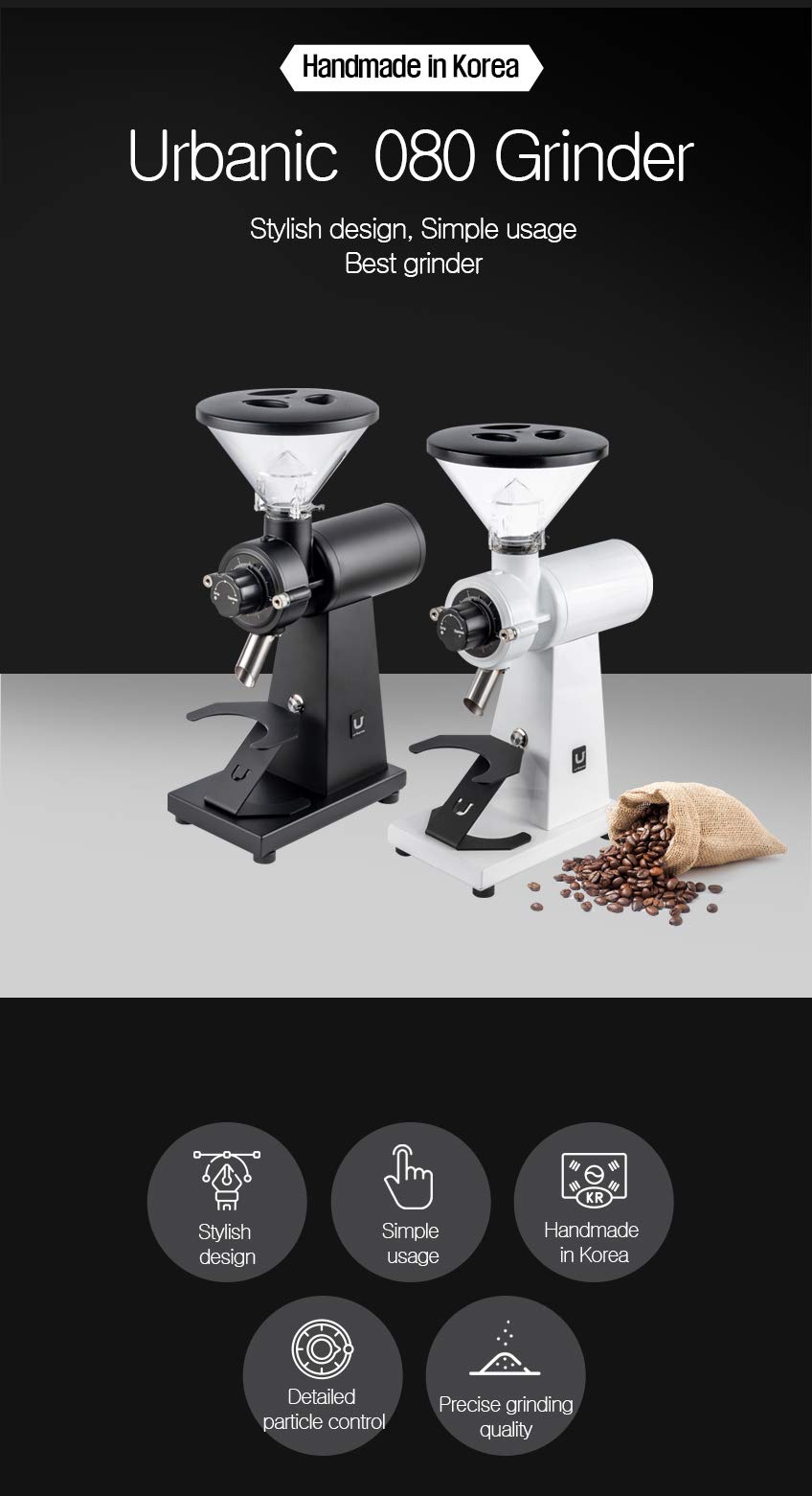 Urbanic 080 Electric Coffee Grinder - 60mm Titanium Flat Burr, 100-Step Precision Grind, 110-220V (White) | Perfect for Espresso, French Press & Pour Over | Made in Korea