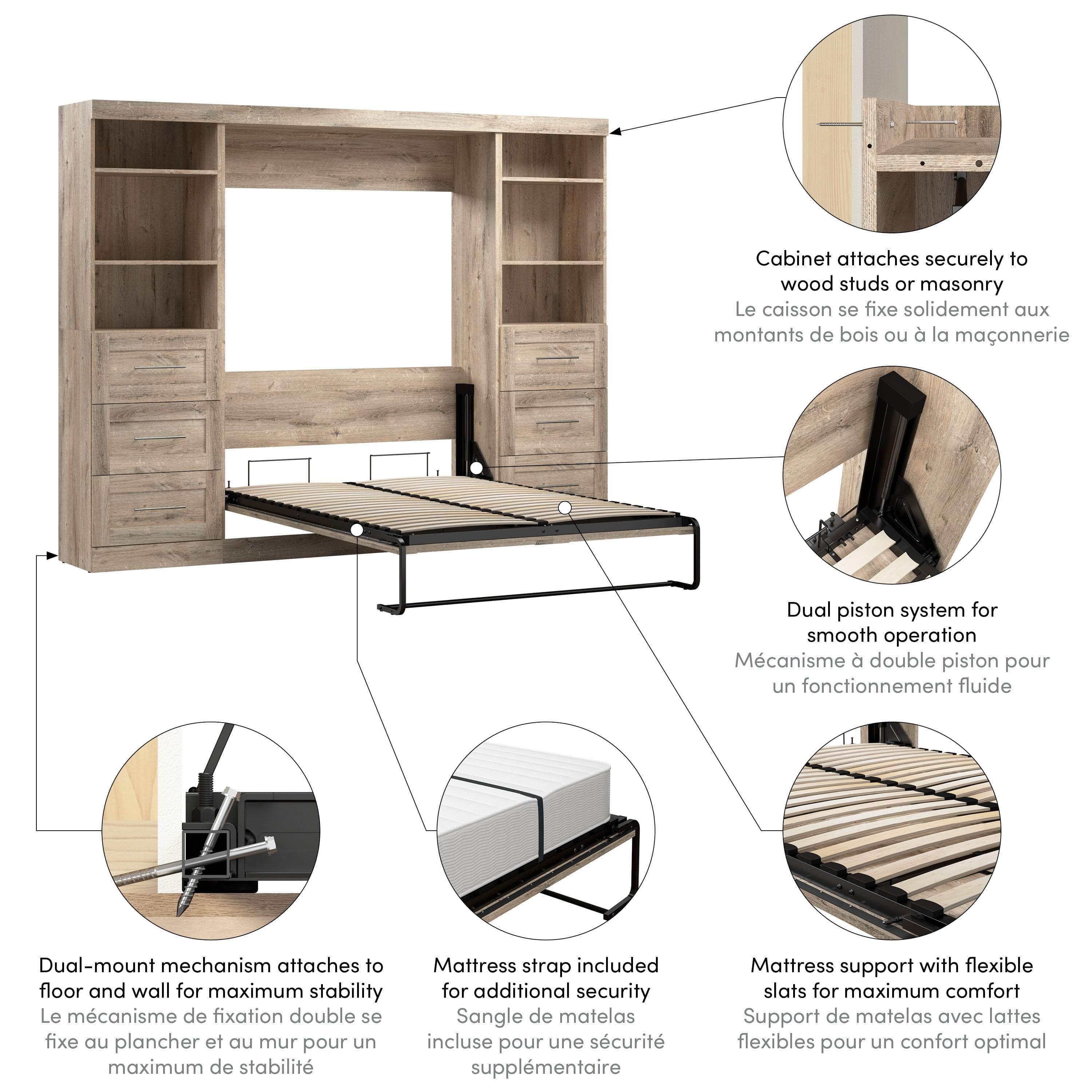 Pur Full Murphy Wall Bed with 2 Storage Units & Drawers (109W) - 7 Color Options for Space-Saving Home Office, Guest Room & Small Apartments