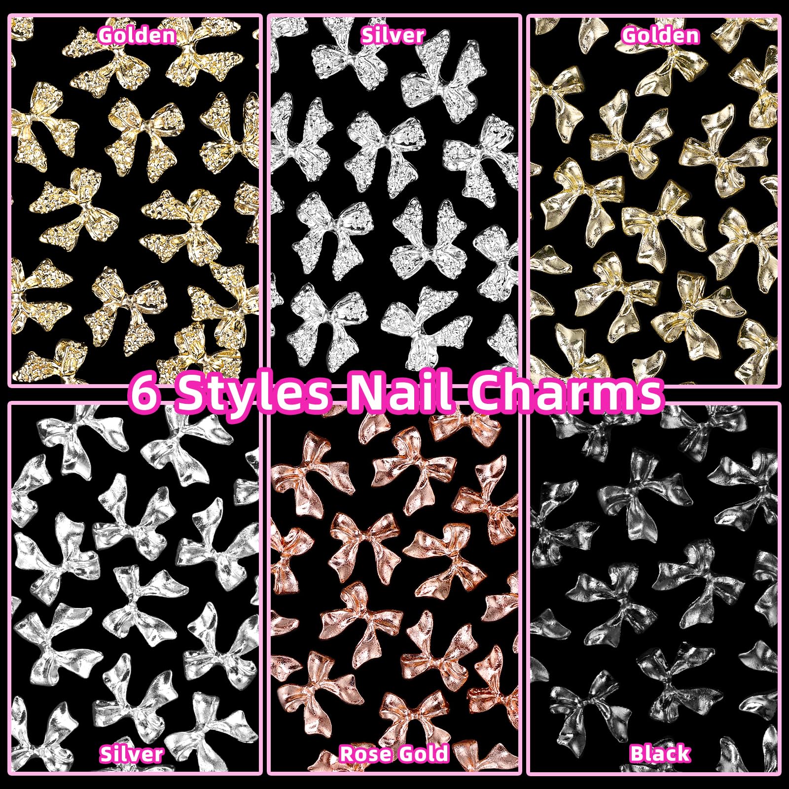 60 Pcs Metal Bow Nail Charms - 3D Golden Silver Gray Alloy Bowknots for Acrylic Nails DIY - Luxury Shiny Bow Tie Nail Gems - Perfect for Nail Art, Manicures, and Professional Salon Use