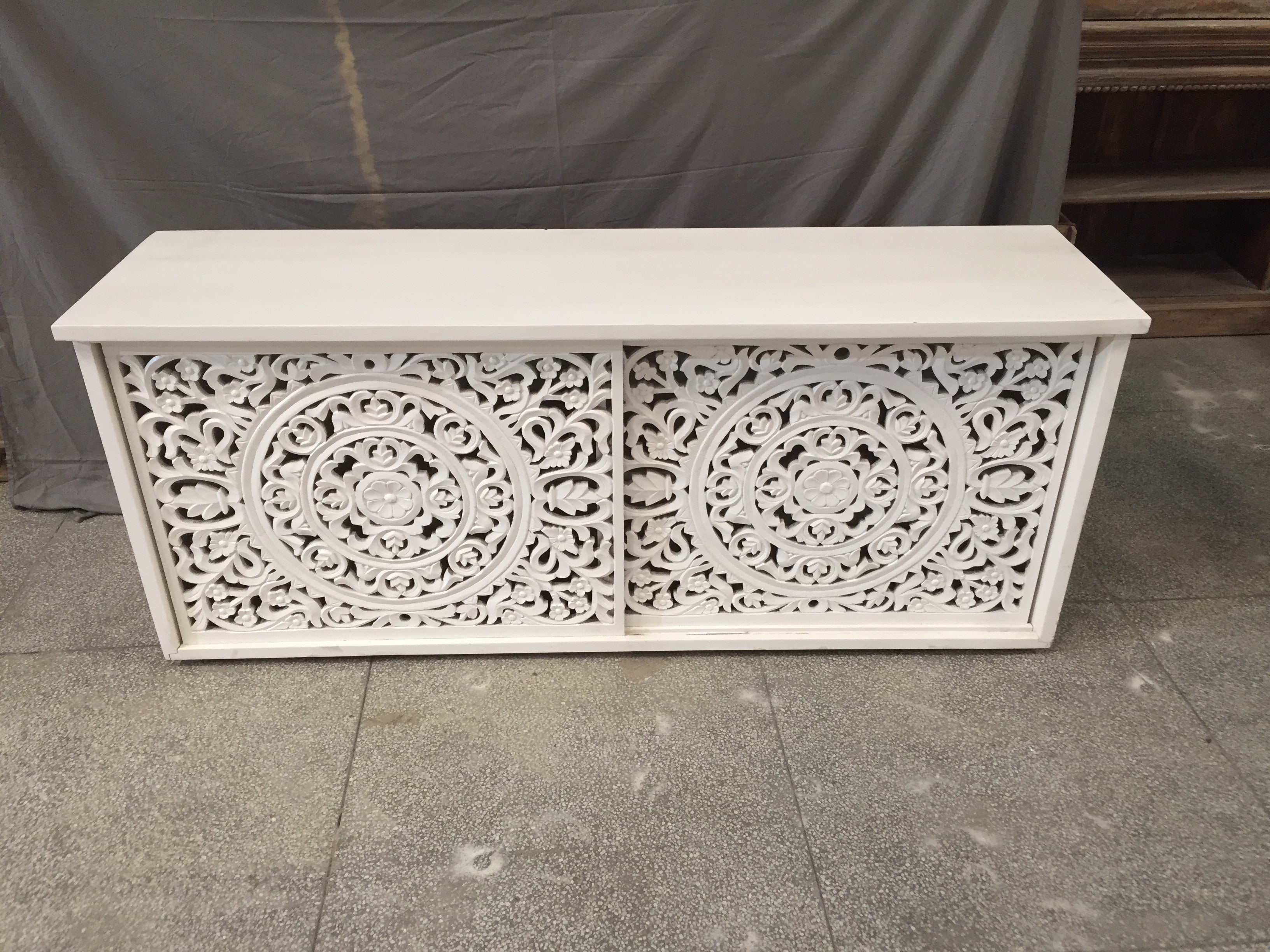Hand Carved Indian Solid Wood Sideboard with Intricate Carved Doors - White - Perfect for Dining Room, Living Room, or Entryway Storage