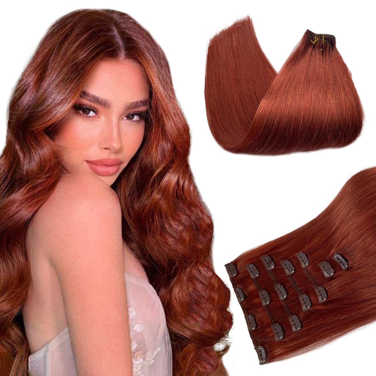 Belaved 14 Inch 70g Auburn Remy Human Hair Extensions Clip-Ins for Women - 7pcs Seamless Natural Hair Extensions #135 - Perfect for Parties, Weddings & Daily Styling