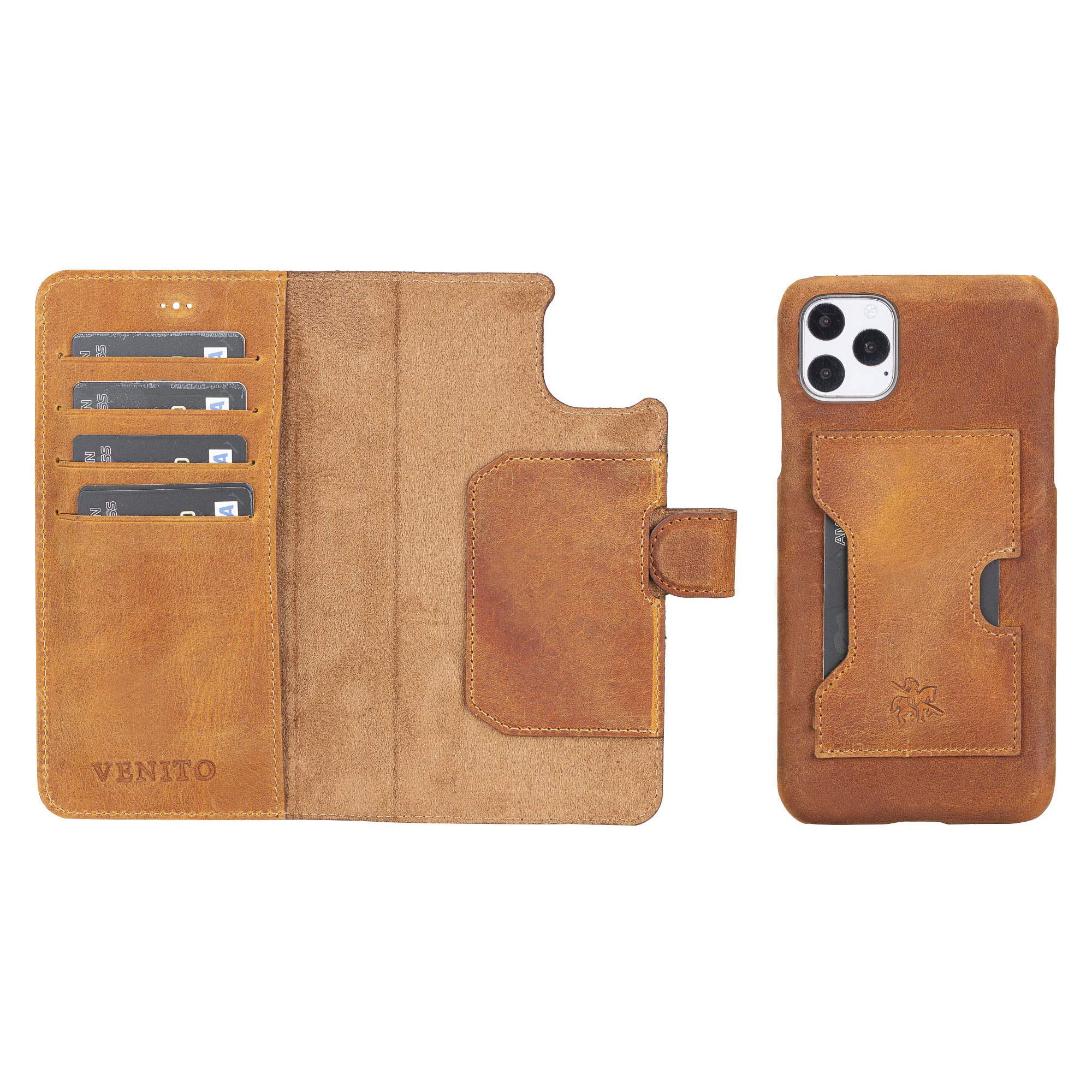 Venito Florence Genuine Leather Wallet Phone Case for iPhone 11 Pro Max - RFID Blocking Protection - Detachable Card Holder - Perfect for Travel & Everyday Use (Antique Brown)