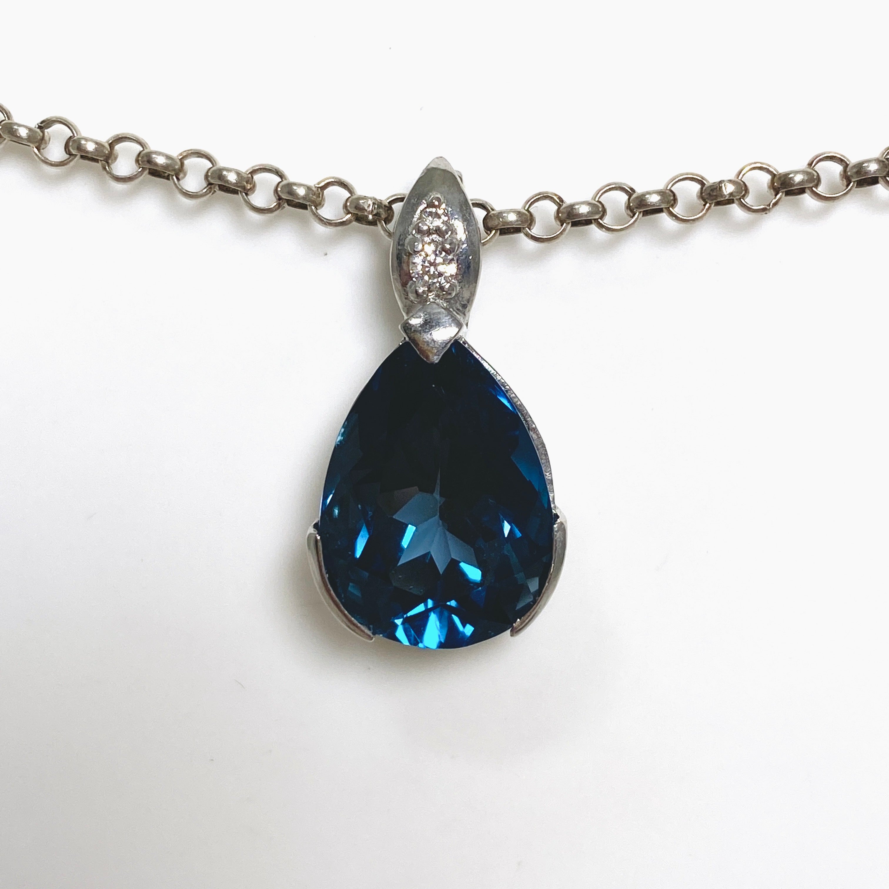 London Blue Topaz Teardrop Faceted Pendant Necklace with CZ Stones - Elegant Jewelry for Women, Perfect for Weddings, Parties & Special Occasions