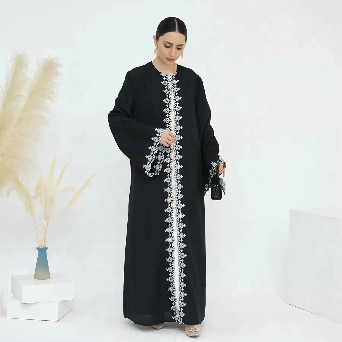 Floral Embroidered Nida Cardigan Open Abaya Dress for Women - Elegant Muslim Abaya with Embroidery Details for Prayer, Mosque, and Special Occasions