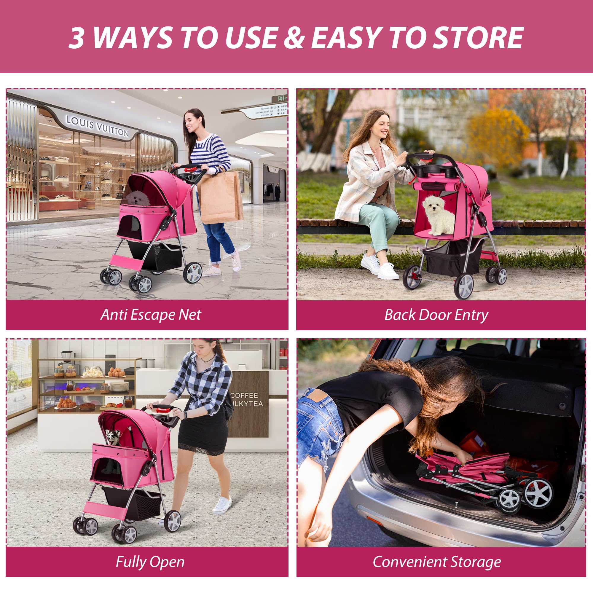 4 Wheels Foldable Pet Stroller for Small & Medium Dogs Cats (10-33 lbs) - Lightweight Dog Cat Carrier with Cup Holder, Storage Basket & Breathable Mesh - All-Season Pet Strolling Cart (Pink) - Perfect for Park Walks, Vet Visits & Shopping Trips