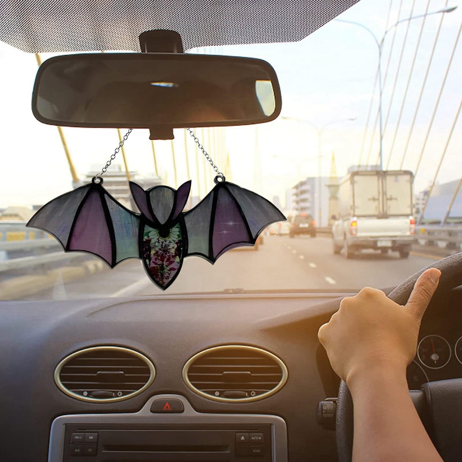 Halloween Bat Hanging Decor - Stained Acrylic Window & Car Mirror Ornaments - Gothic Bat Pendants for Spooky Home & Vehicle Decoration